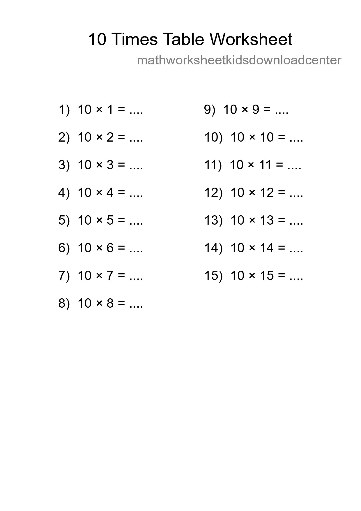 10 Times Table Worksheet For Grade 3 - Part 9