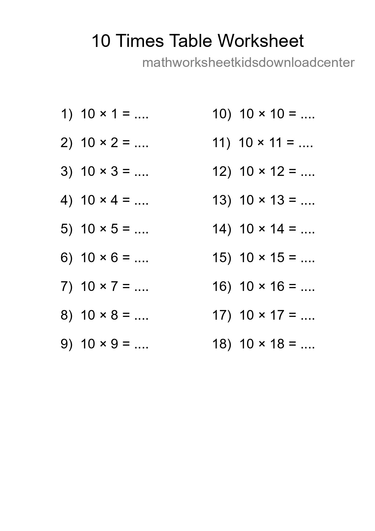 10 Times Table Worksheet For Grade 3 With Answers - Part 108