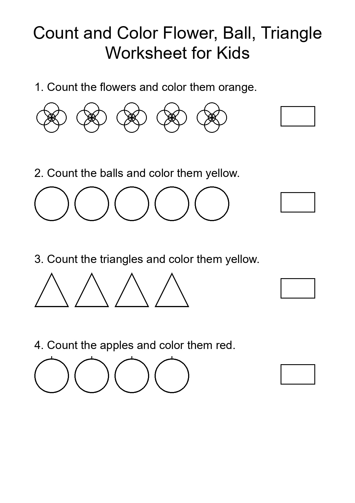 Count and Color Flower, Ball, Triangle Worksheet for Kids