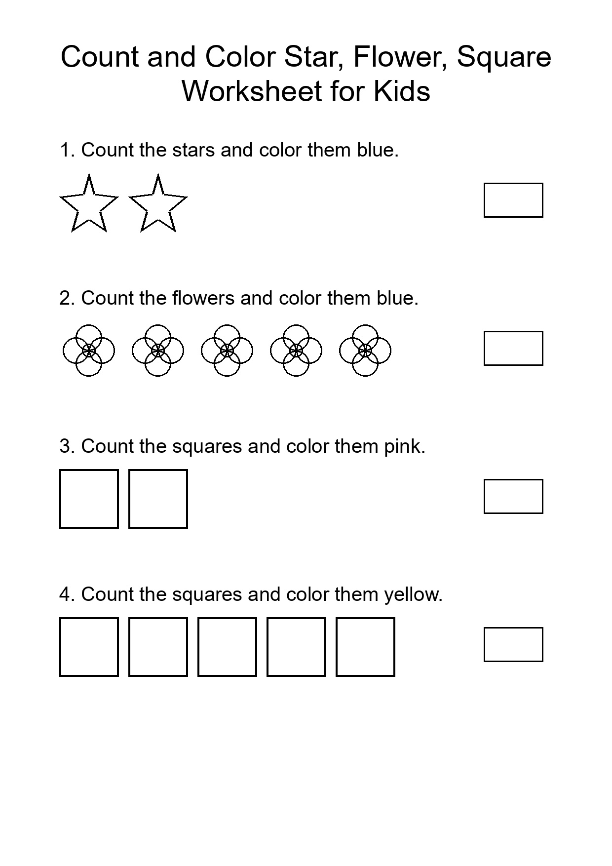 Count and Color Star, Flower, Square Worksheet for Kids