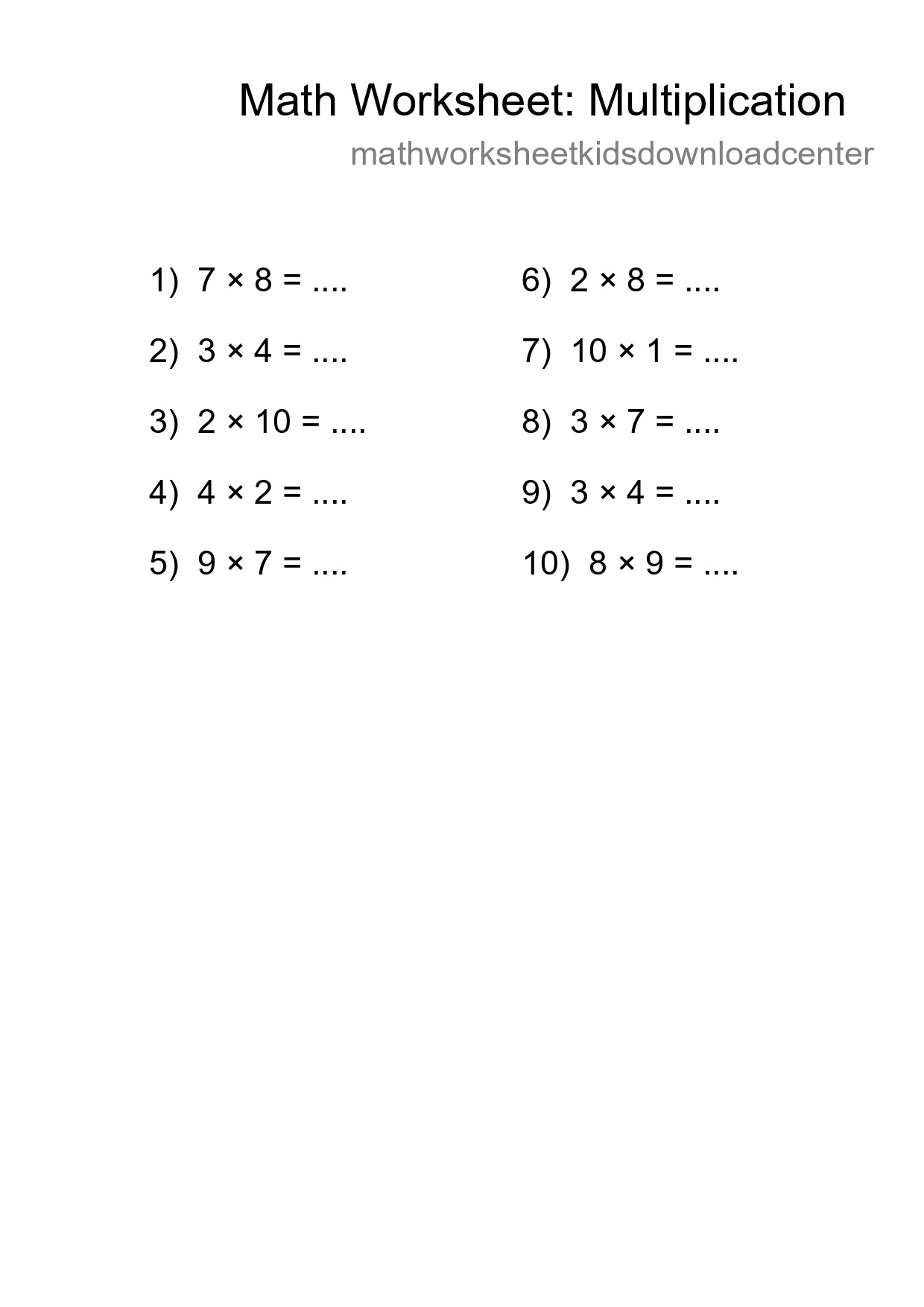 Free 10 Multiplication Math Worksheet For Grade 1 With Answers - Part 95