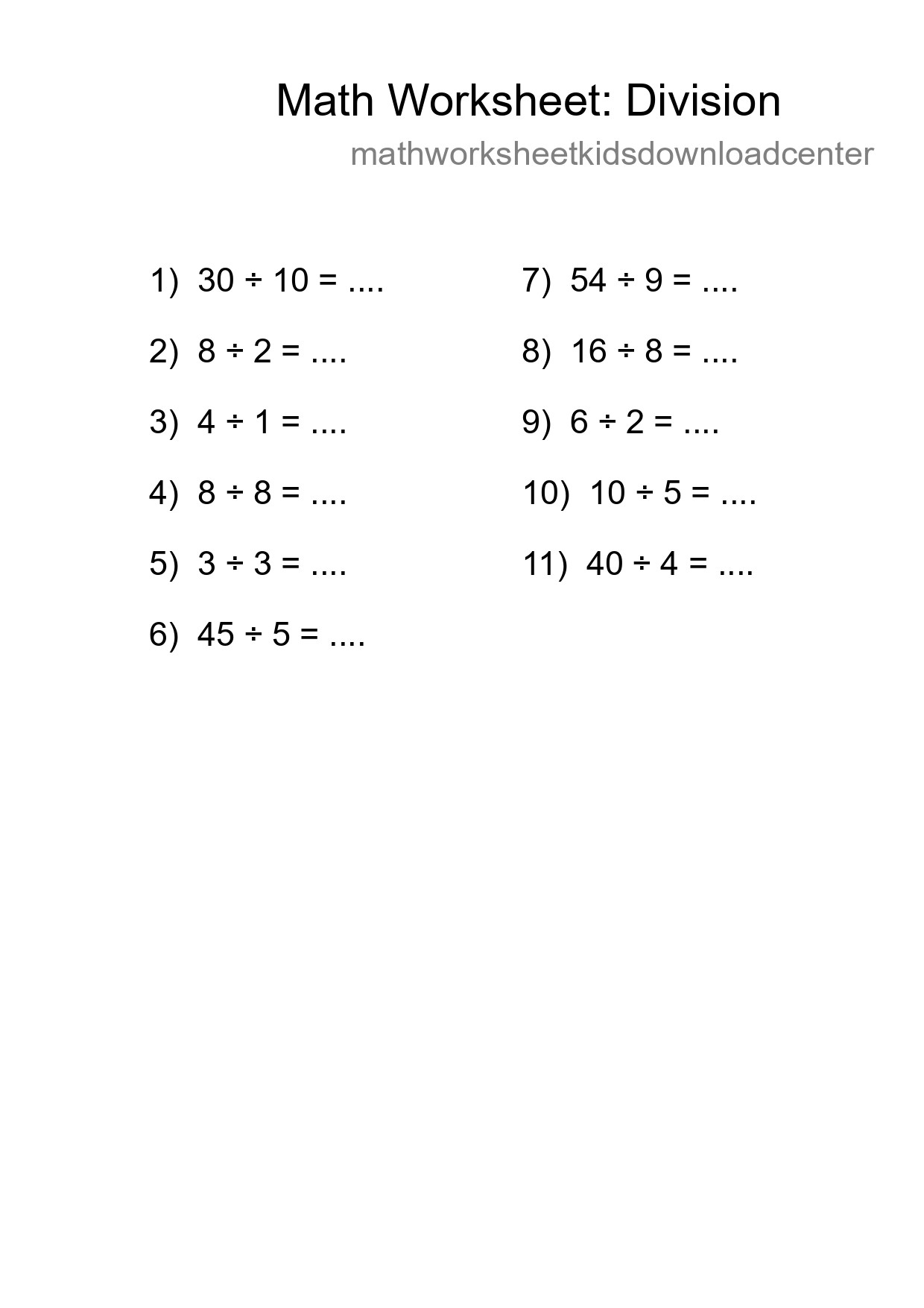Free 11 Division Math Worksheet For Grade 1 With Answers - Part 224