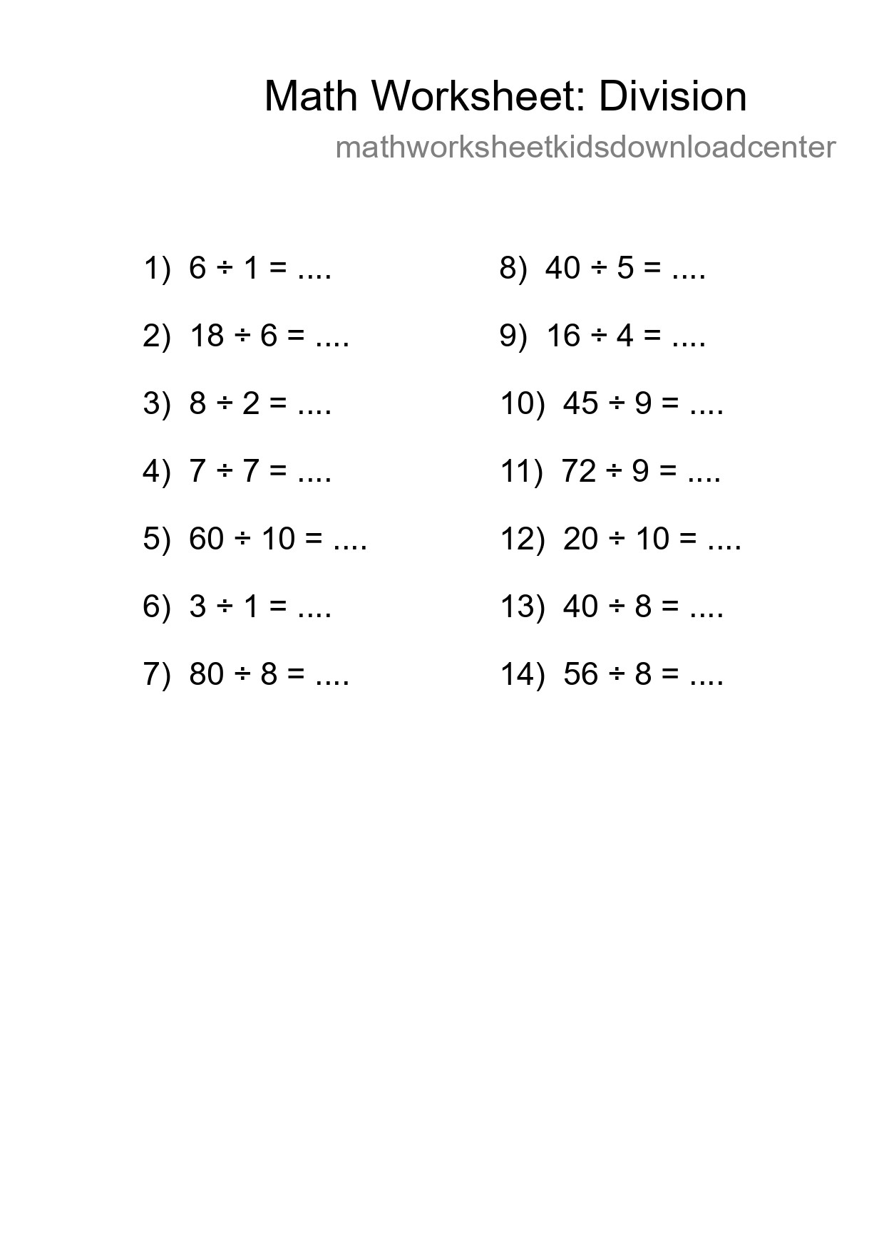 Free 14 Division Math Worksheet For Grade 1 With Answers - Part 158