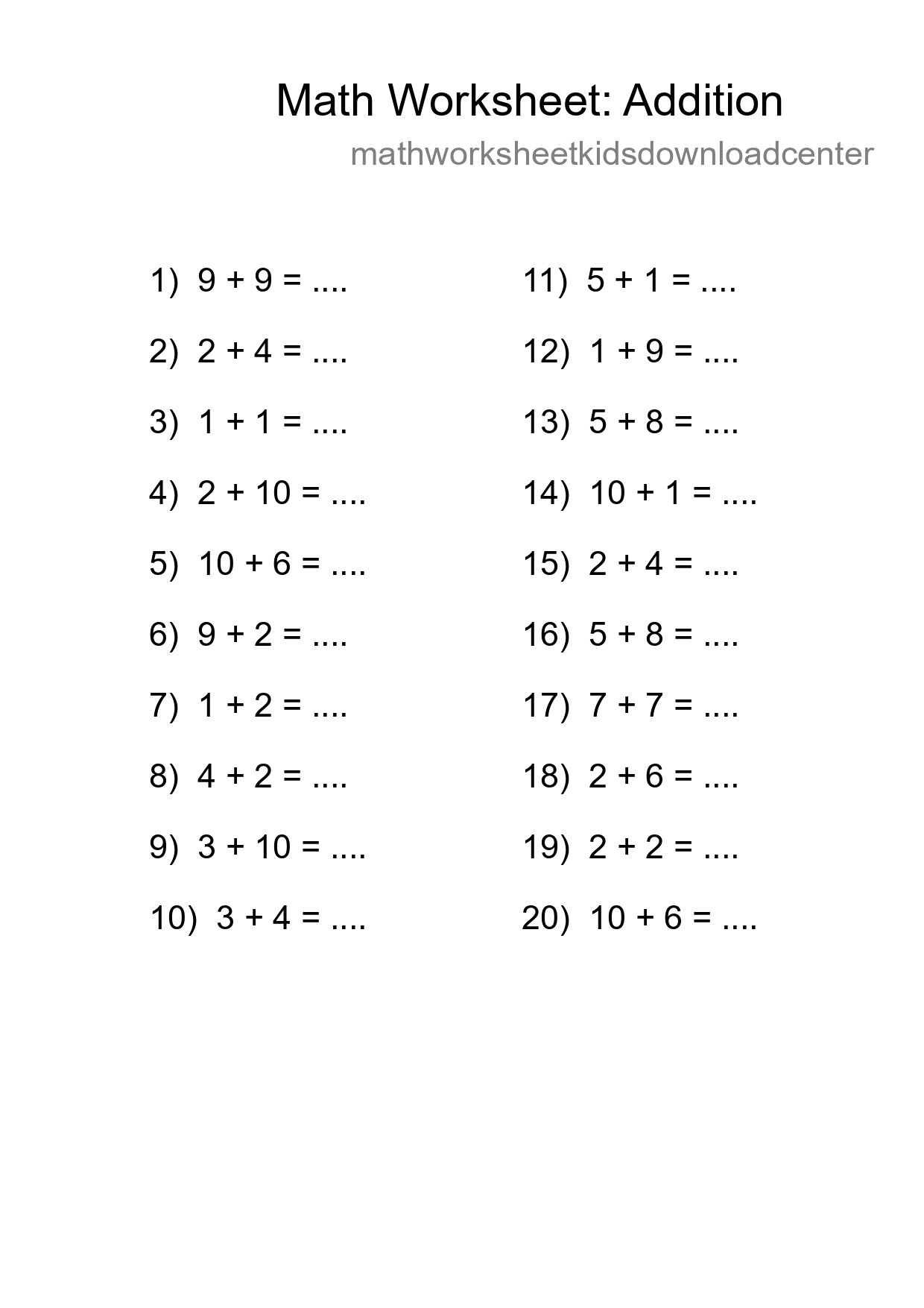 Free 20 Addition Math Worksheet For Grade 1 With Answers - Part 188