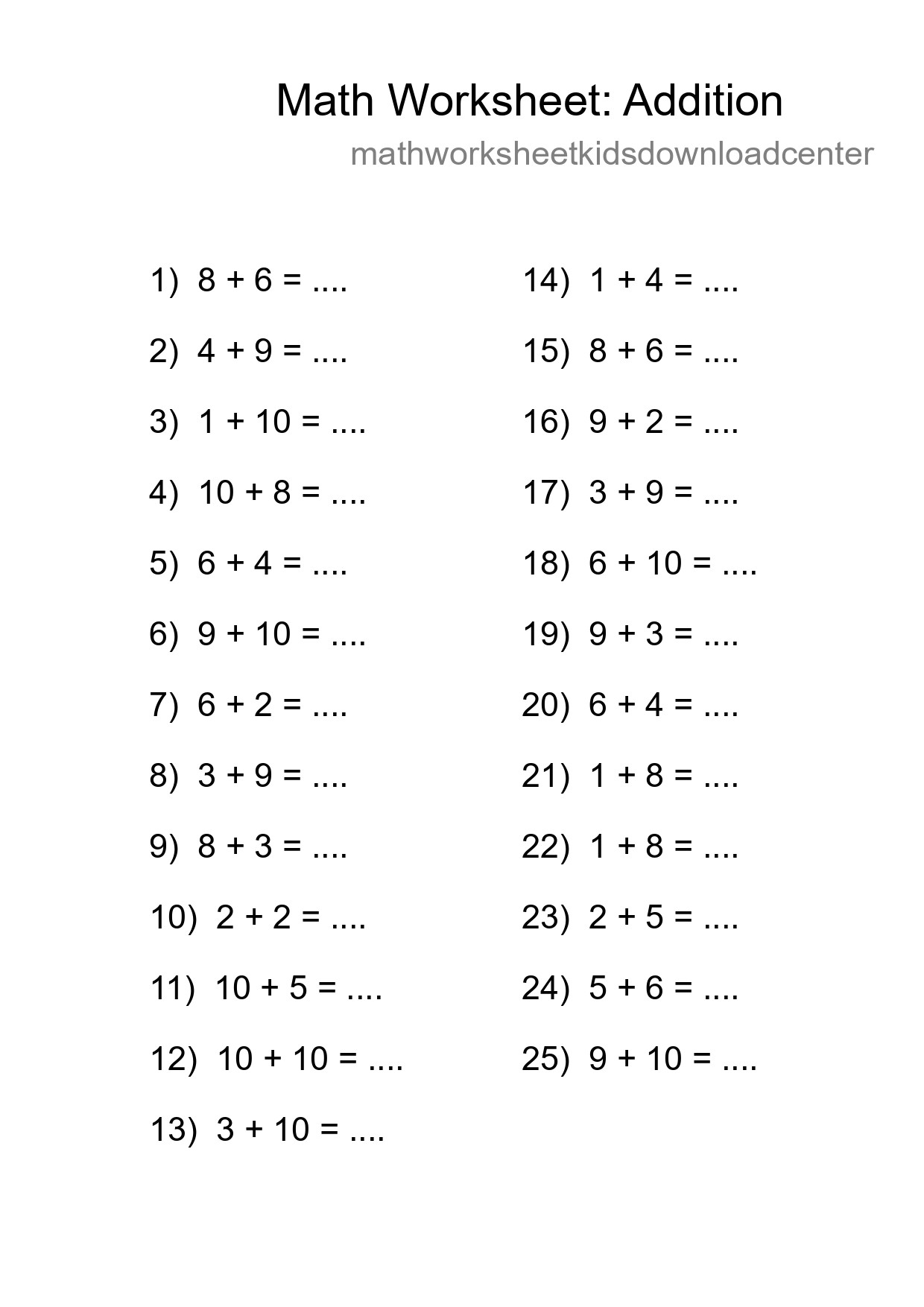 Free 25 Addition Math Worksheet For Grade 1 - Part 12