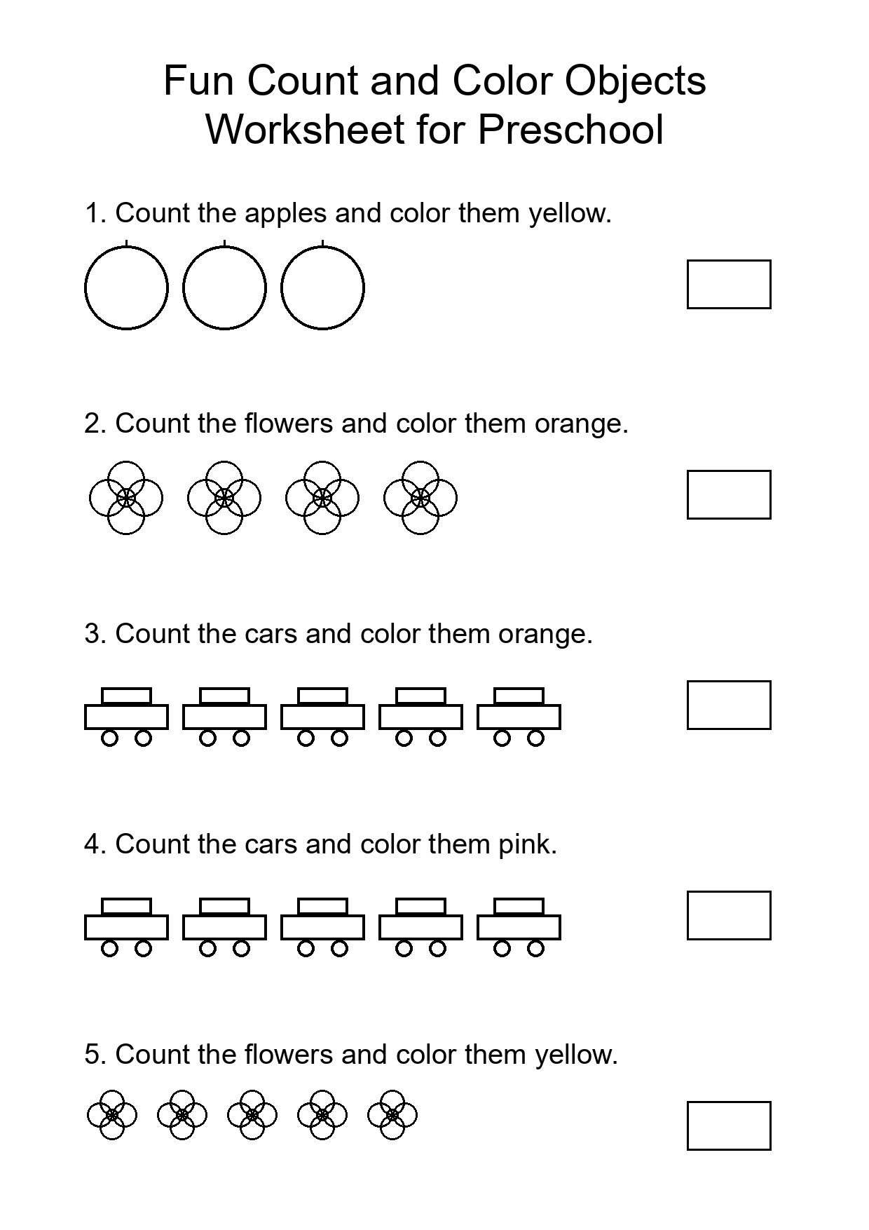 Fun Count and Color Objects Worksheet for Preschool