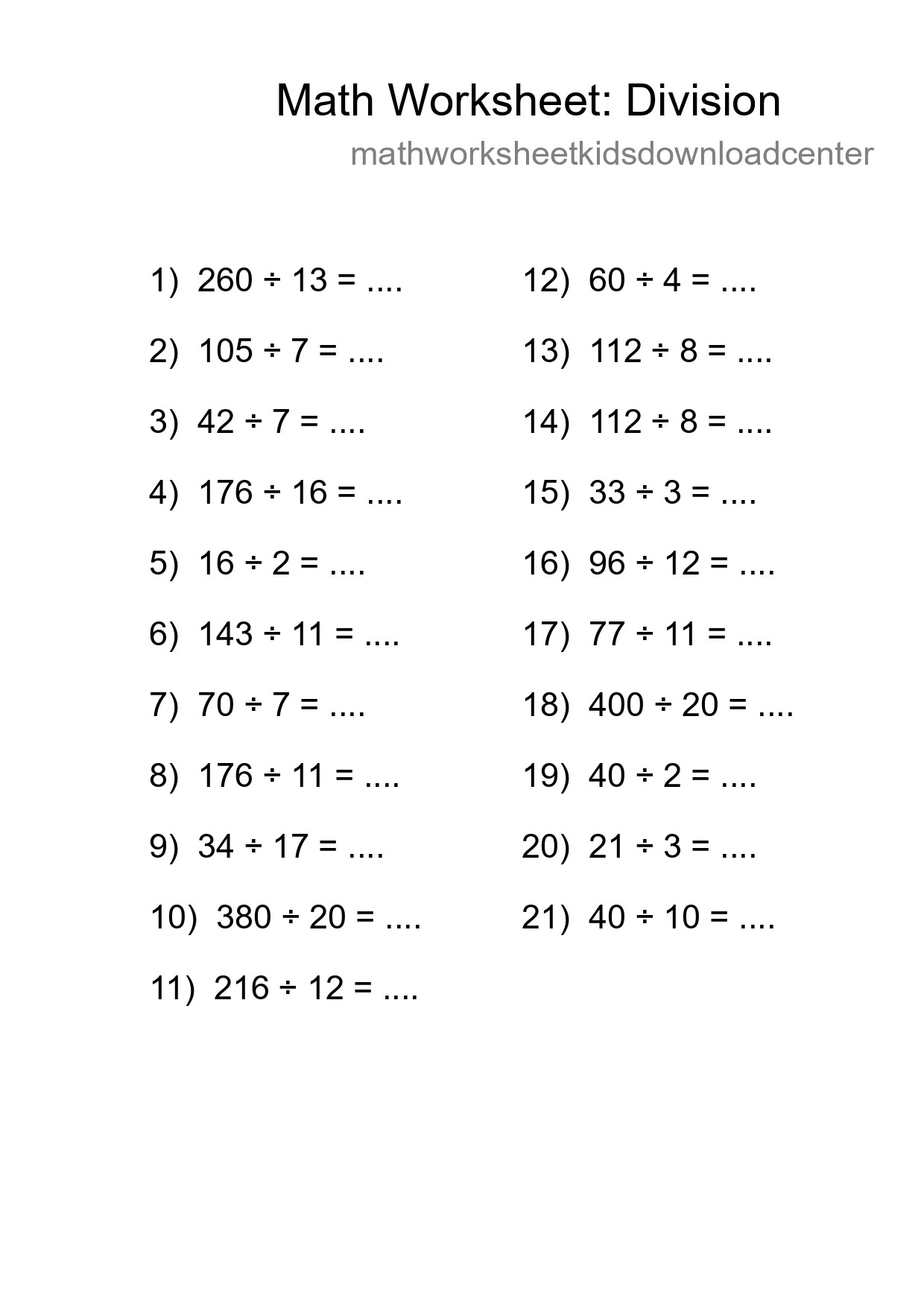 Grade 2 Division Practice Worksheet (21 Problems) - Part 26