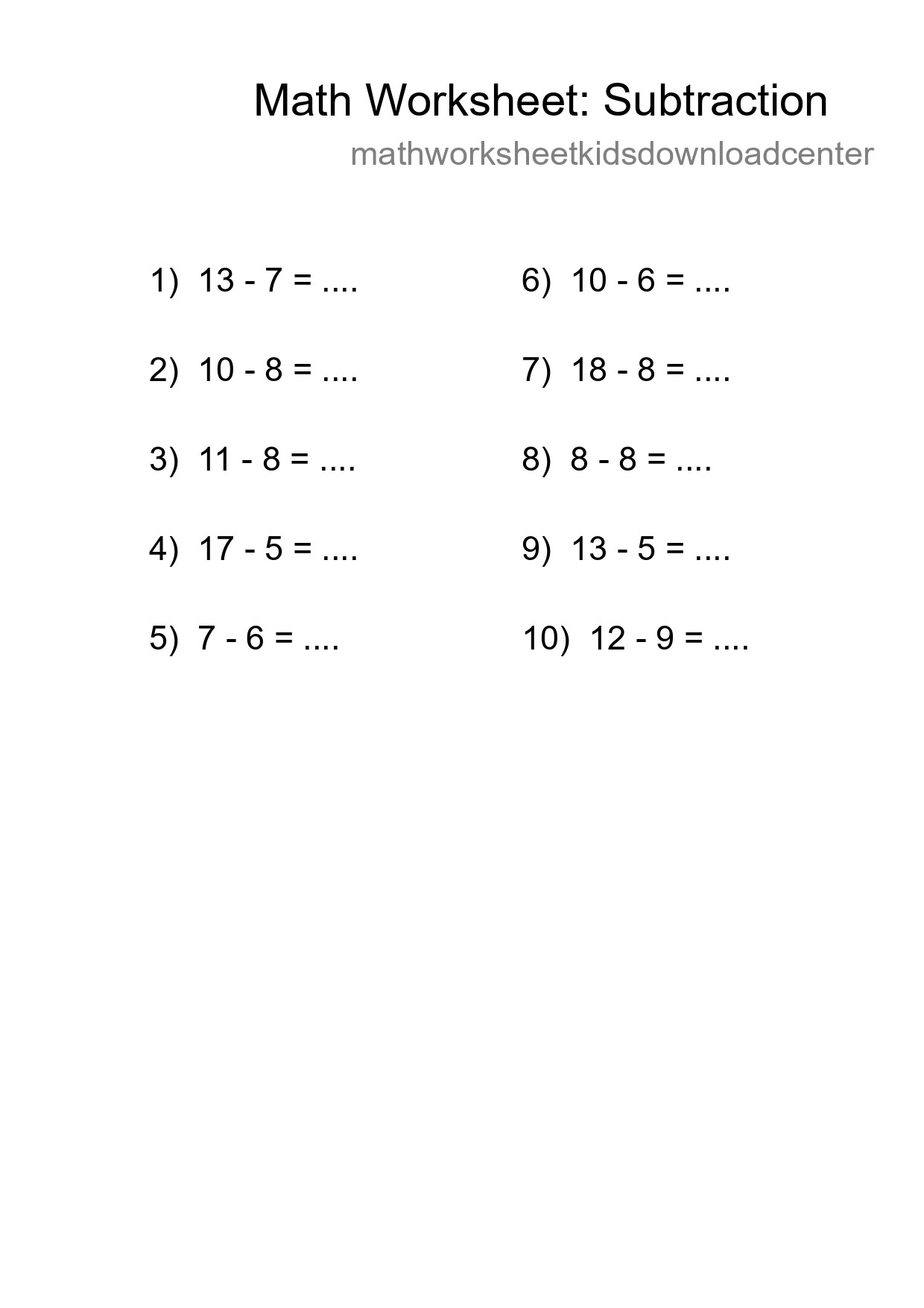 Grade 2 Subtraction Practice Worksheet (10 Problems) - Part 206