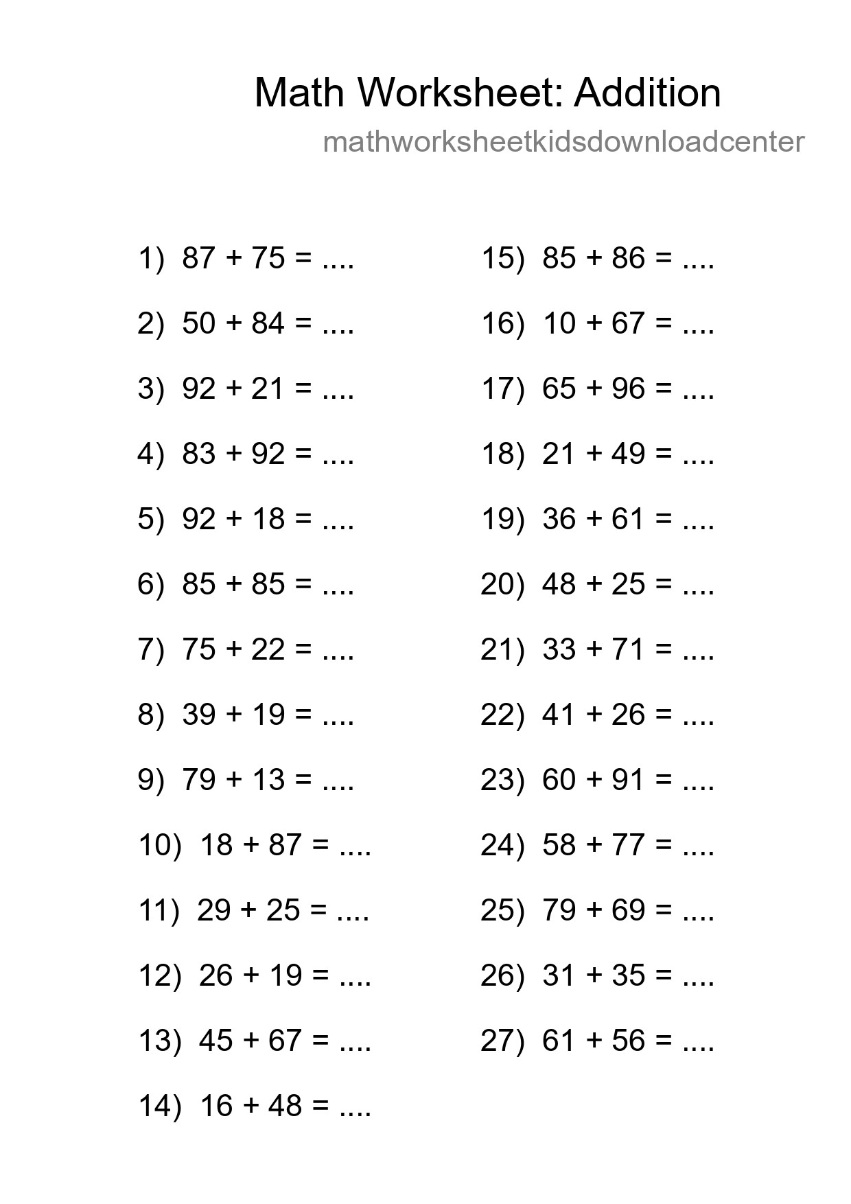 Grade 3 Addition Practice Worksheet (27 Problems) - Part 78
