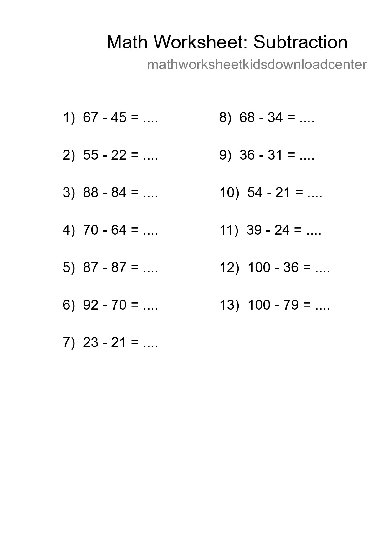Grade 3 Subtraction Practice Worksheet (13 Problems) - Part 195