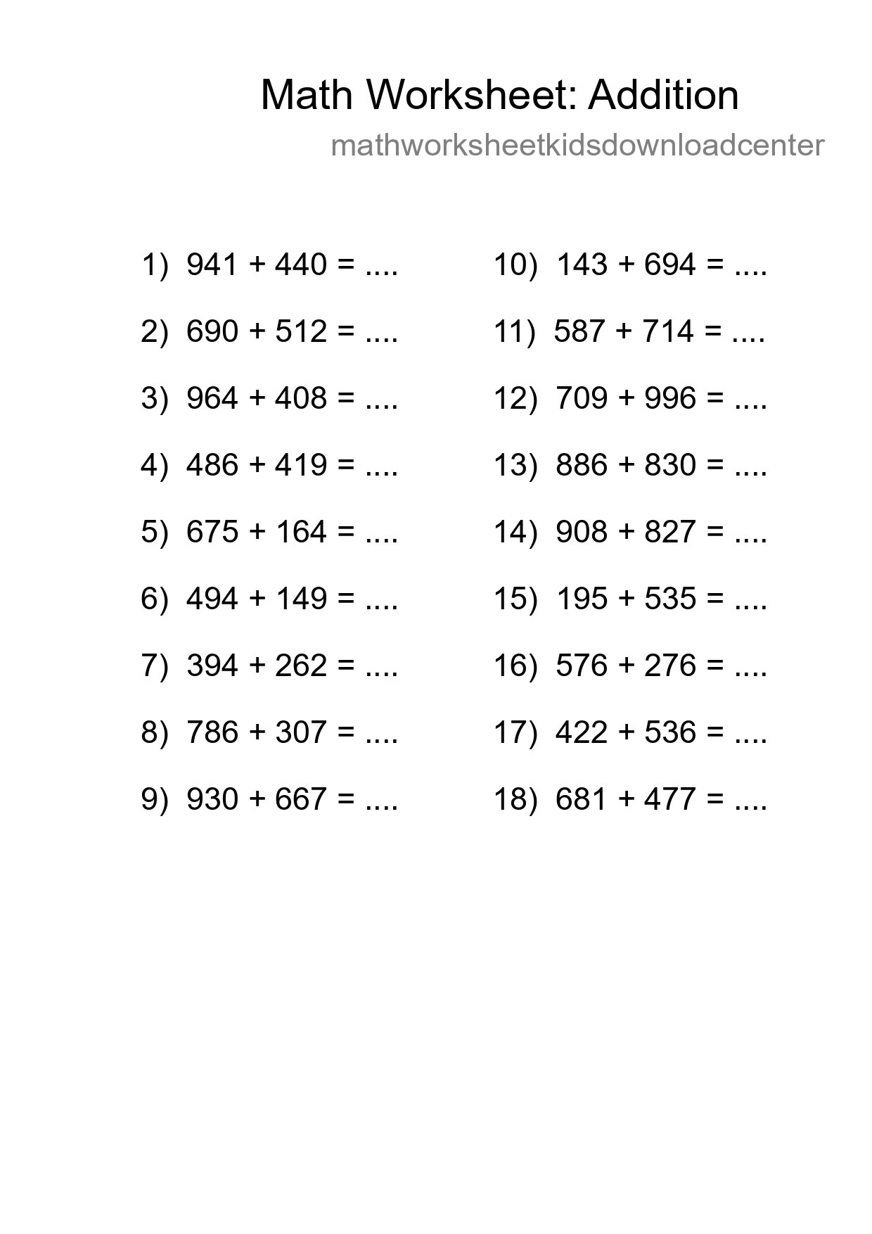 Grade 5 Addition Practice Worksheet (18 Problems) - Part 56