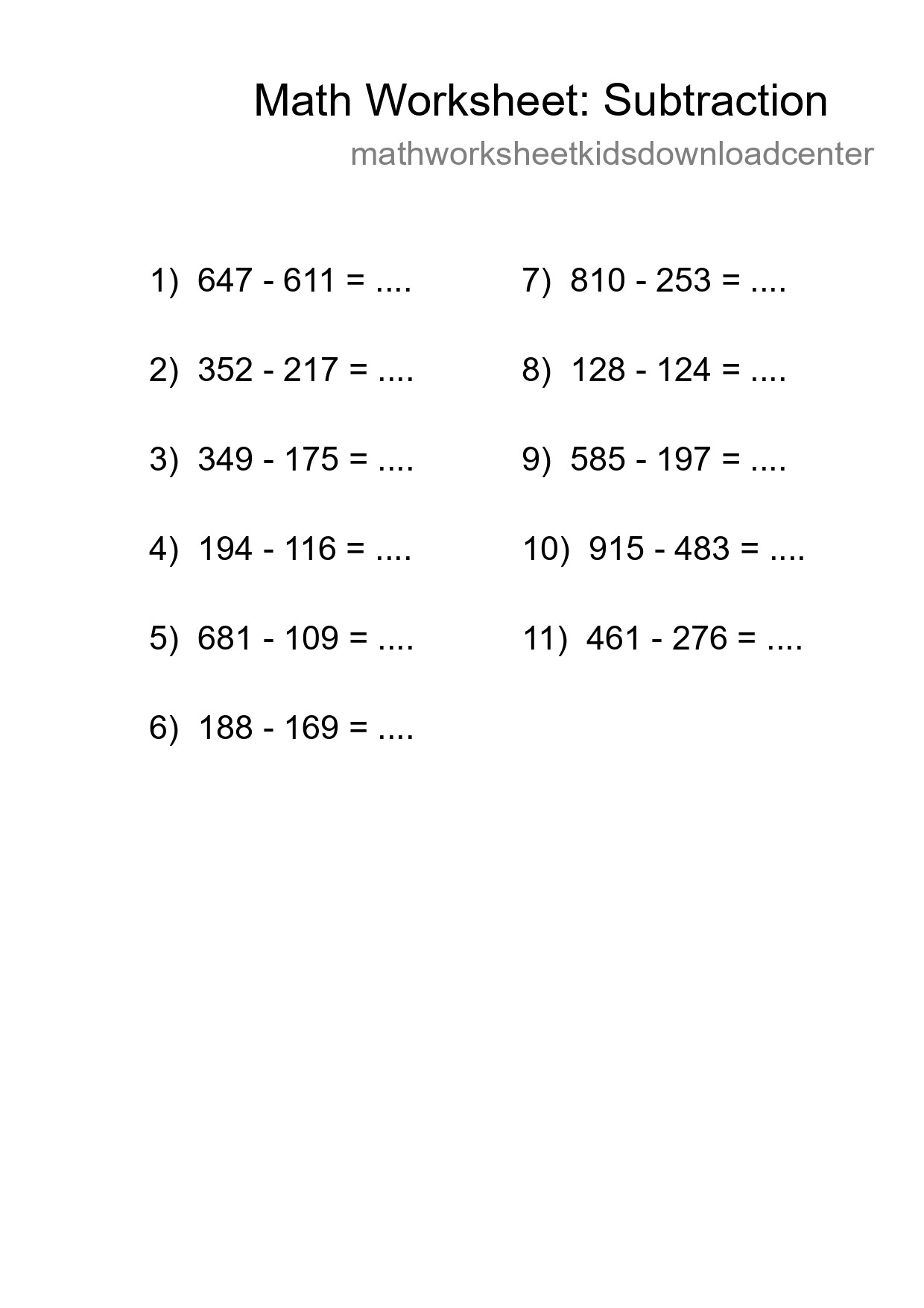 Grade 5 Subtraction Practice Worksheet (11 Problems) - Part 41