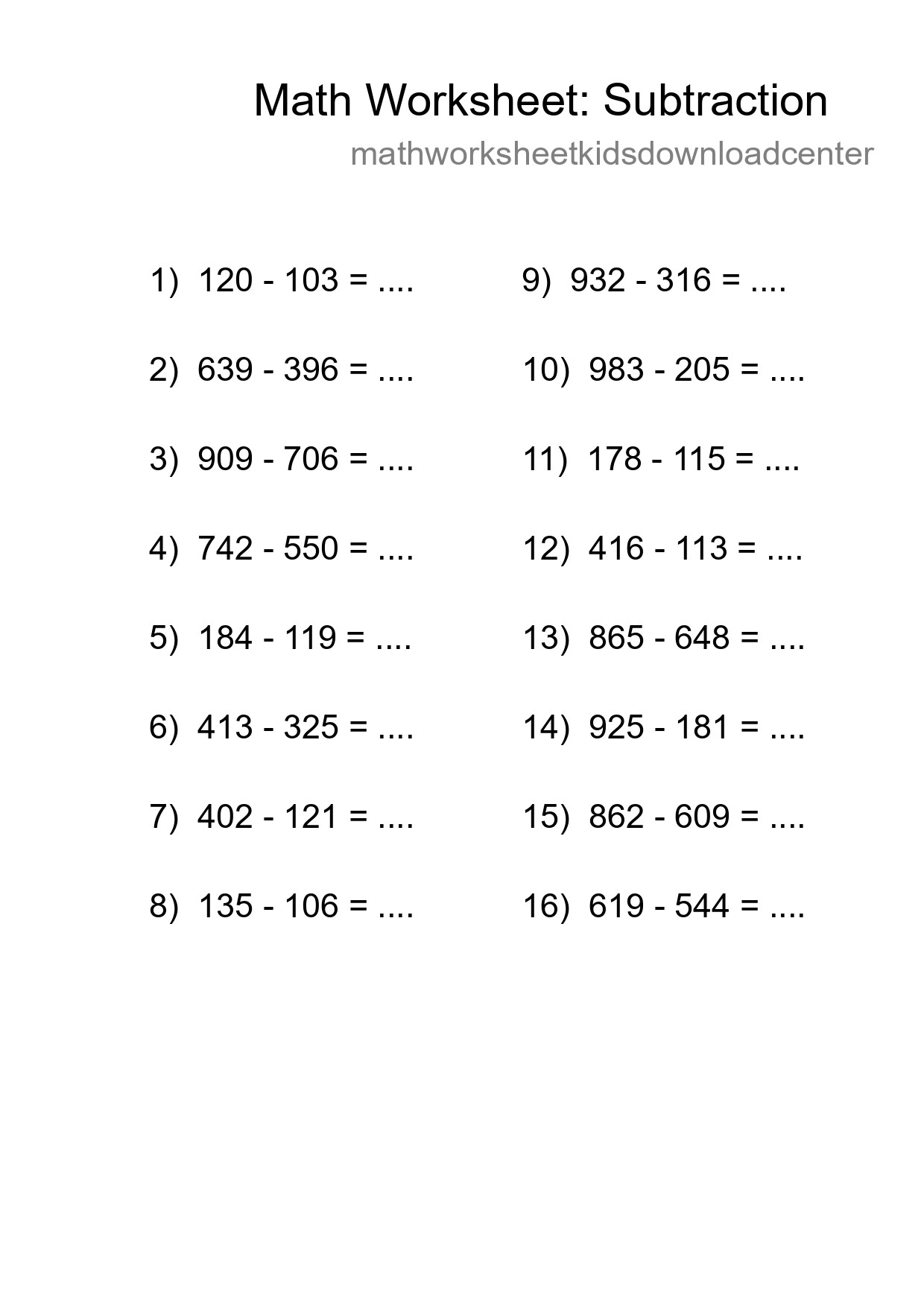 Grade 5 Subtraction Practice Worksheet (16 Problems) - Part 8