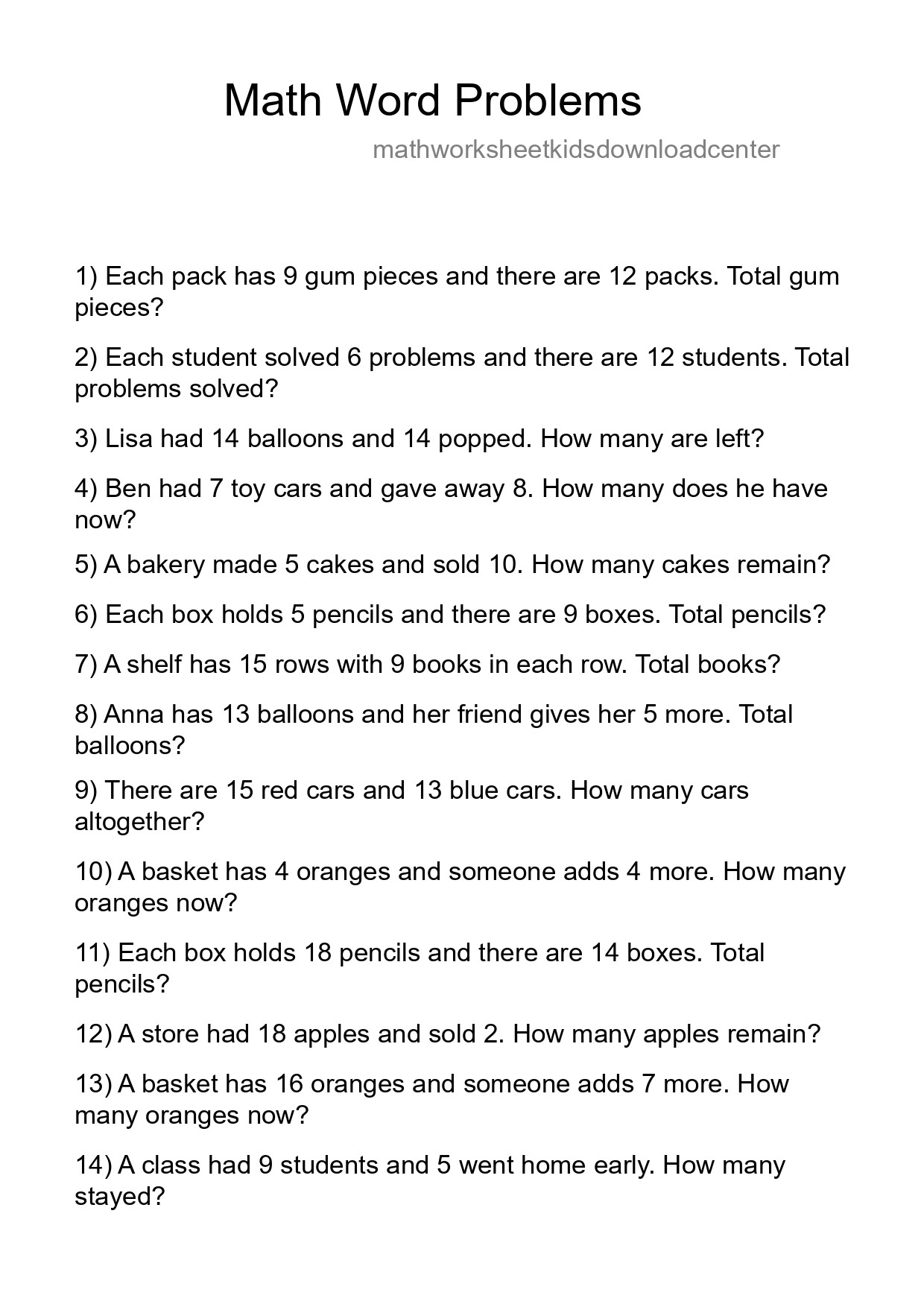Math Word Problem Worksheet