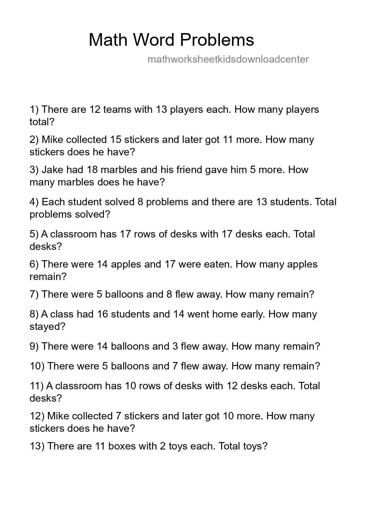 Math Word Problem Worksheet