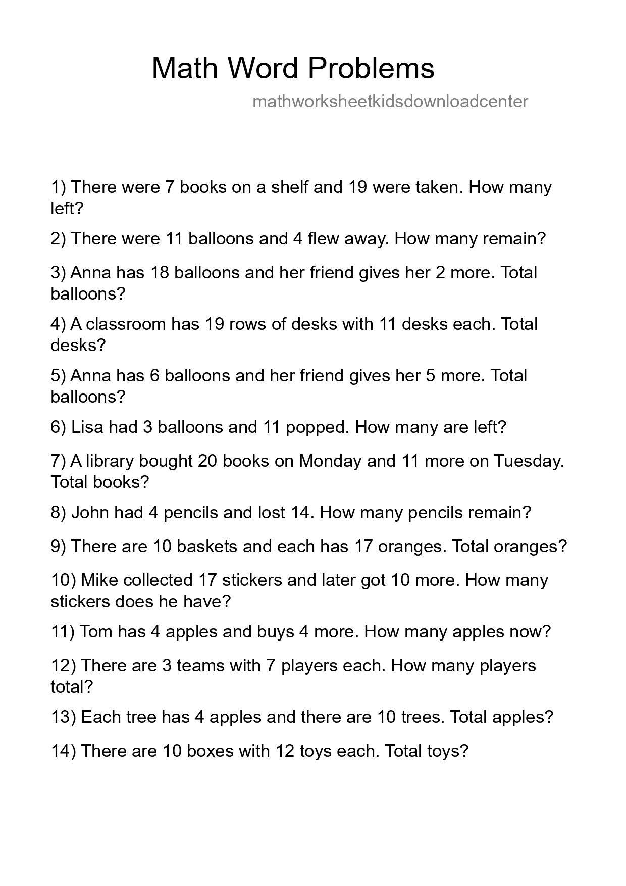 Math Word Problem Worksheet