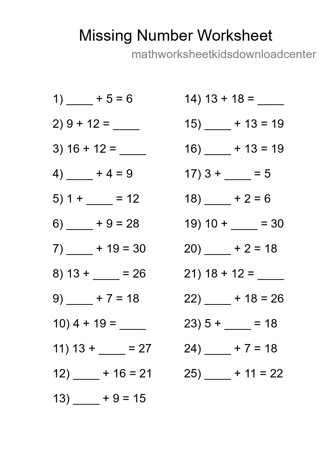 Missing Number Math Worksheet