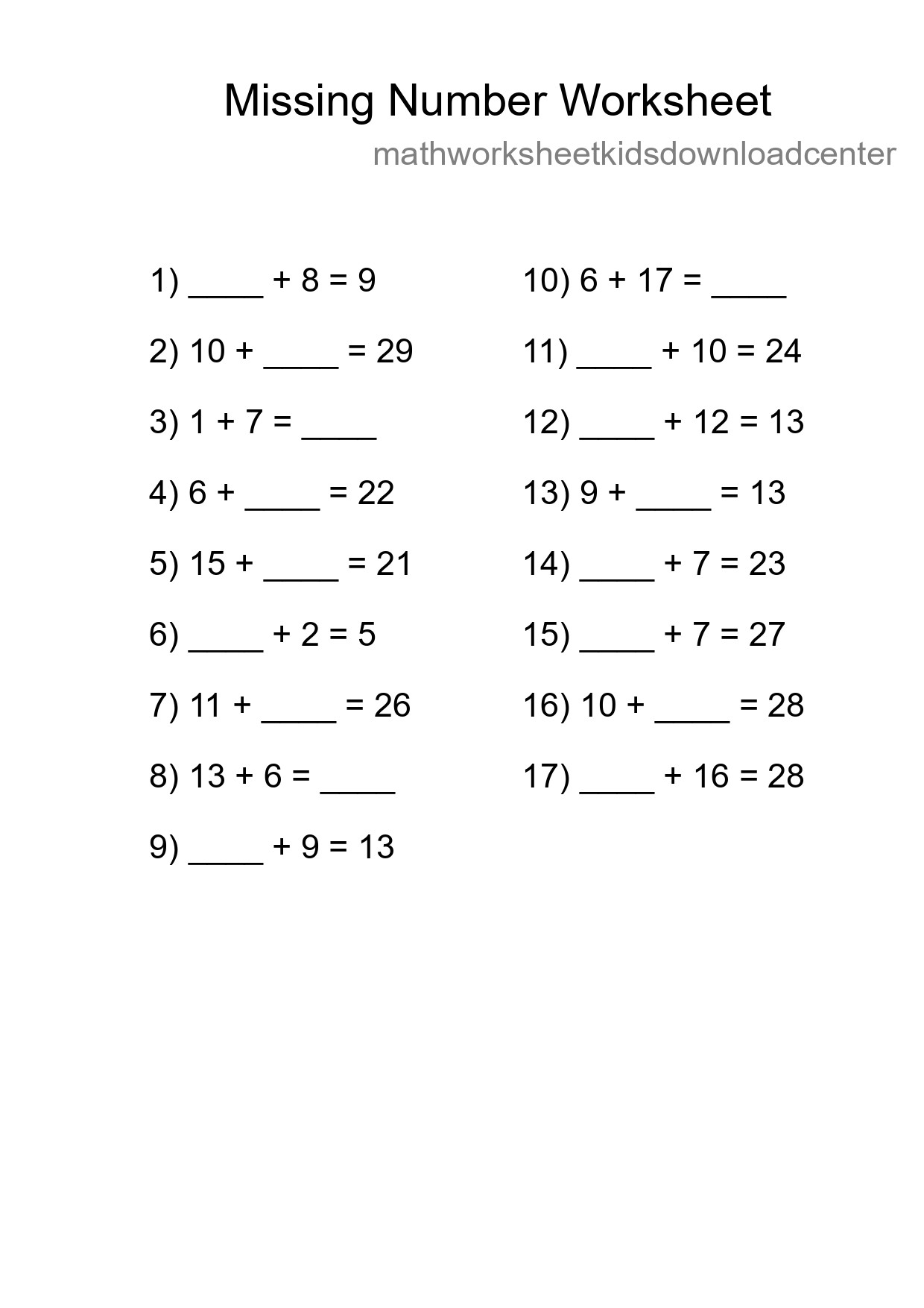 Missing Number Math Worksheet