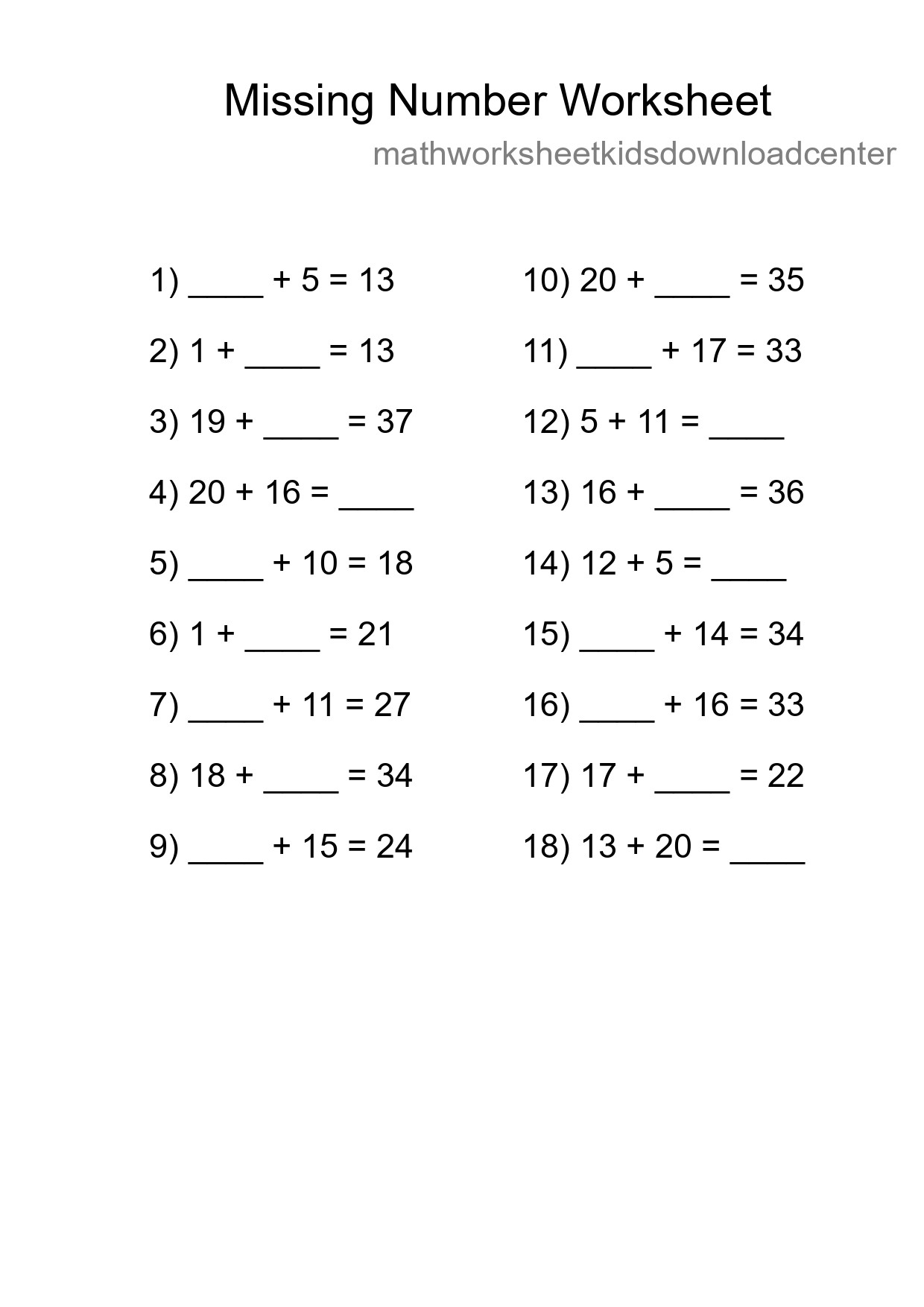 Missing Number Math Worksheet