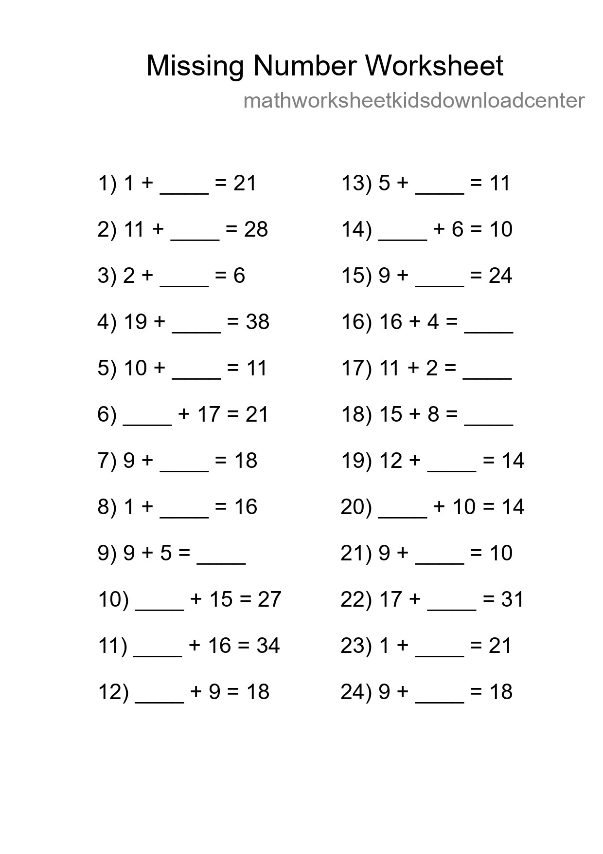 Missing Number Math Worksheet