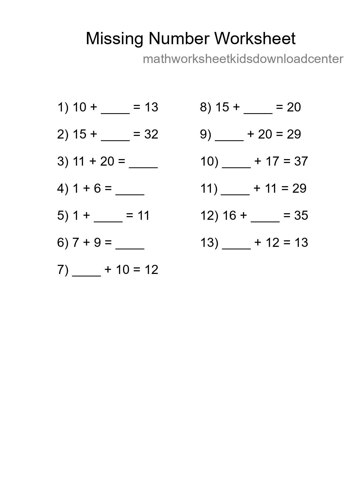 Missing Number Math Worksheet