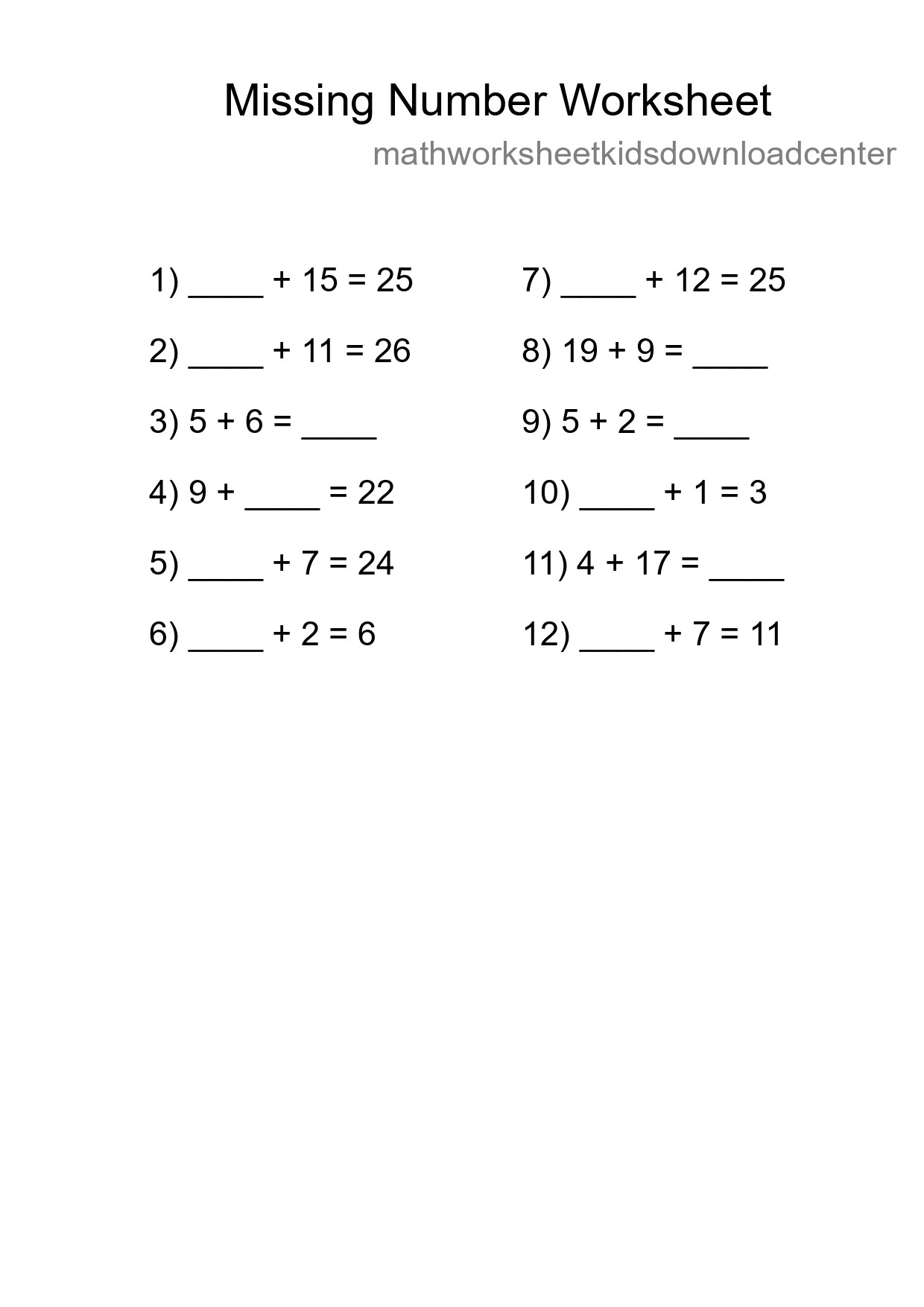Missing Number Math Worksheet