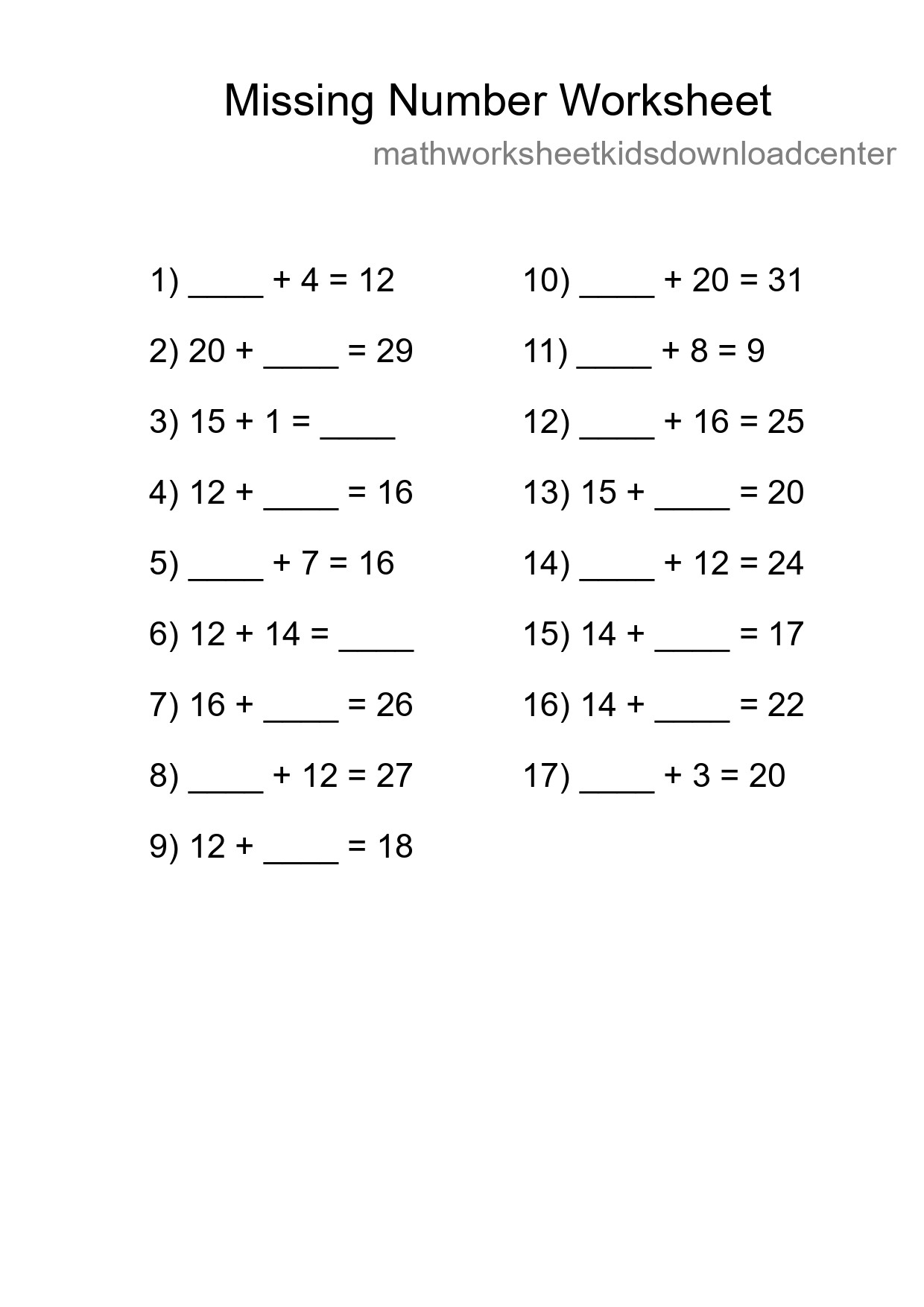 Missing Number Math Worksheet