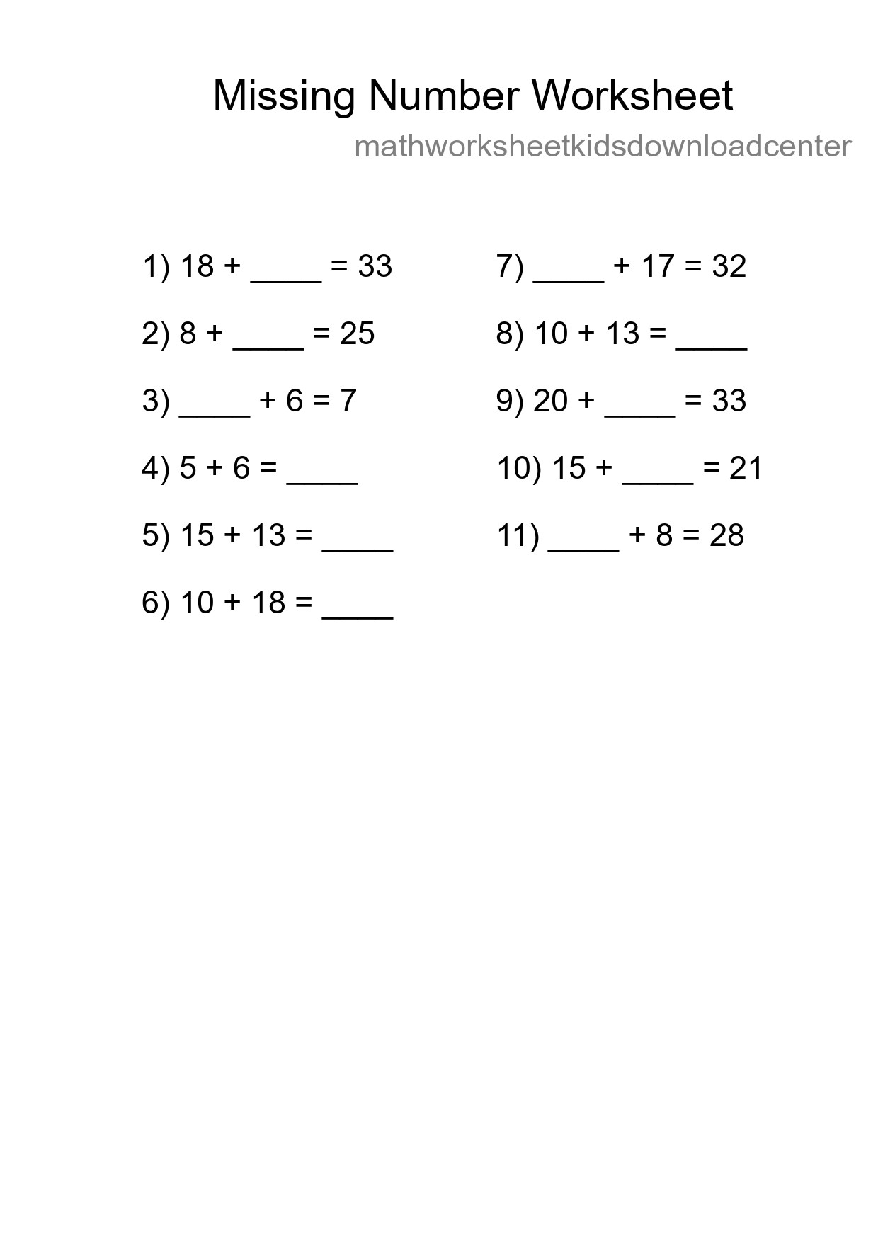 Missing Number Math Worksheet