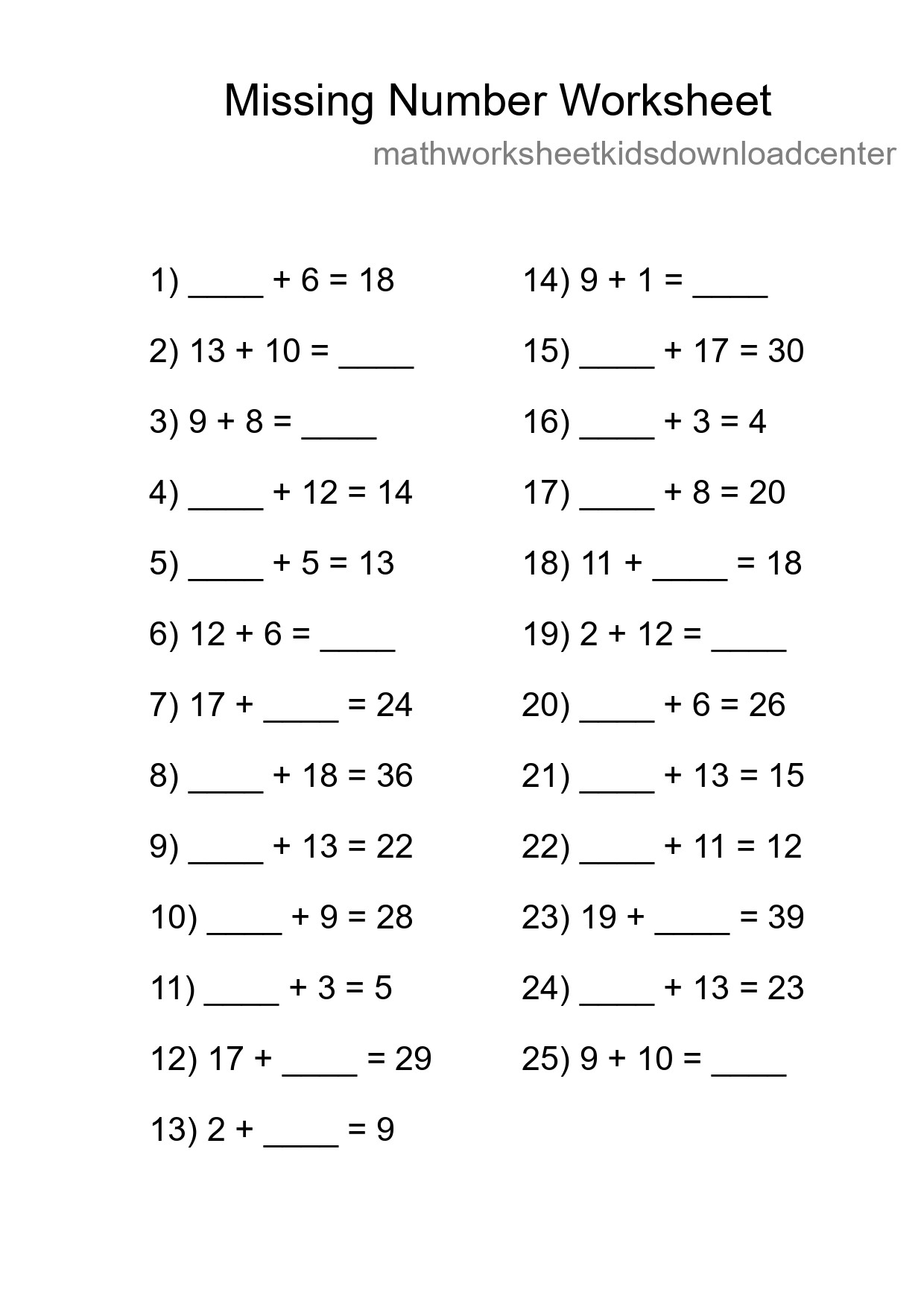 Missing Number Math Worksheet