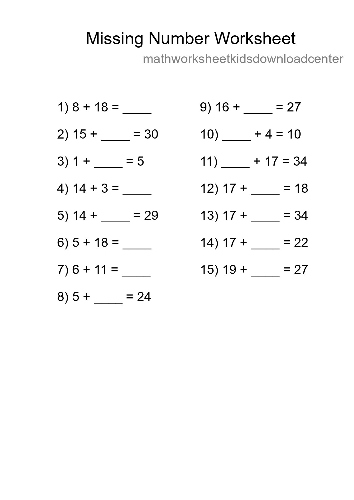 Missing Number Math Worksheet