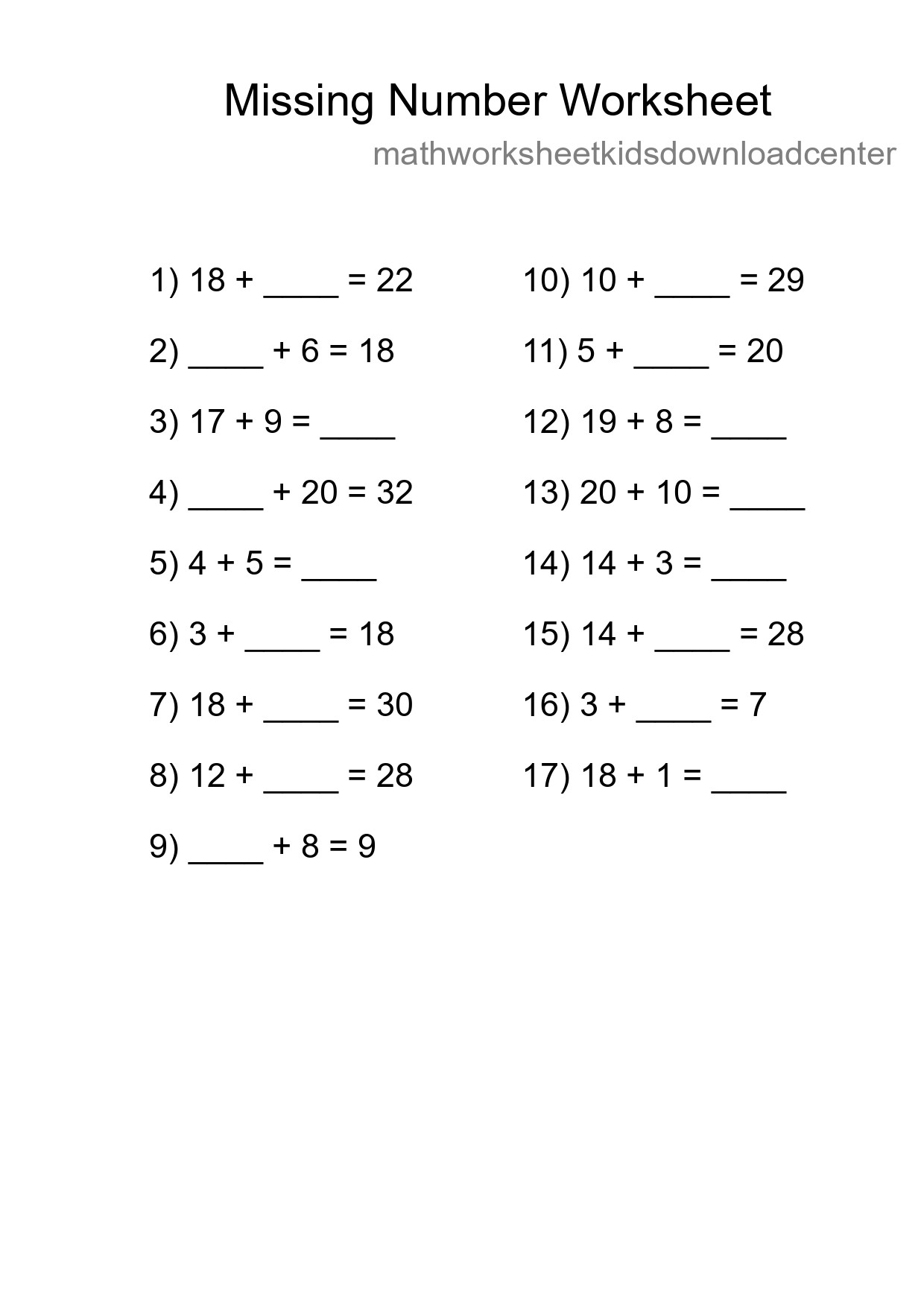 Missing Number Math Worksheet