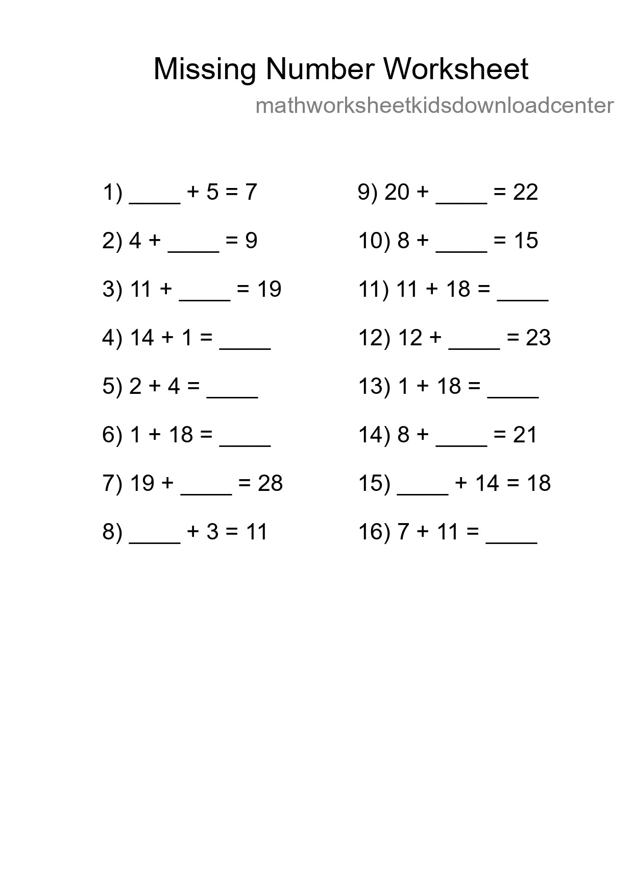 Missing Number Math Worksheet