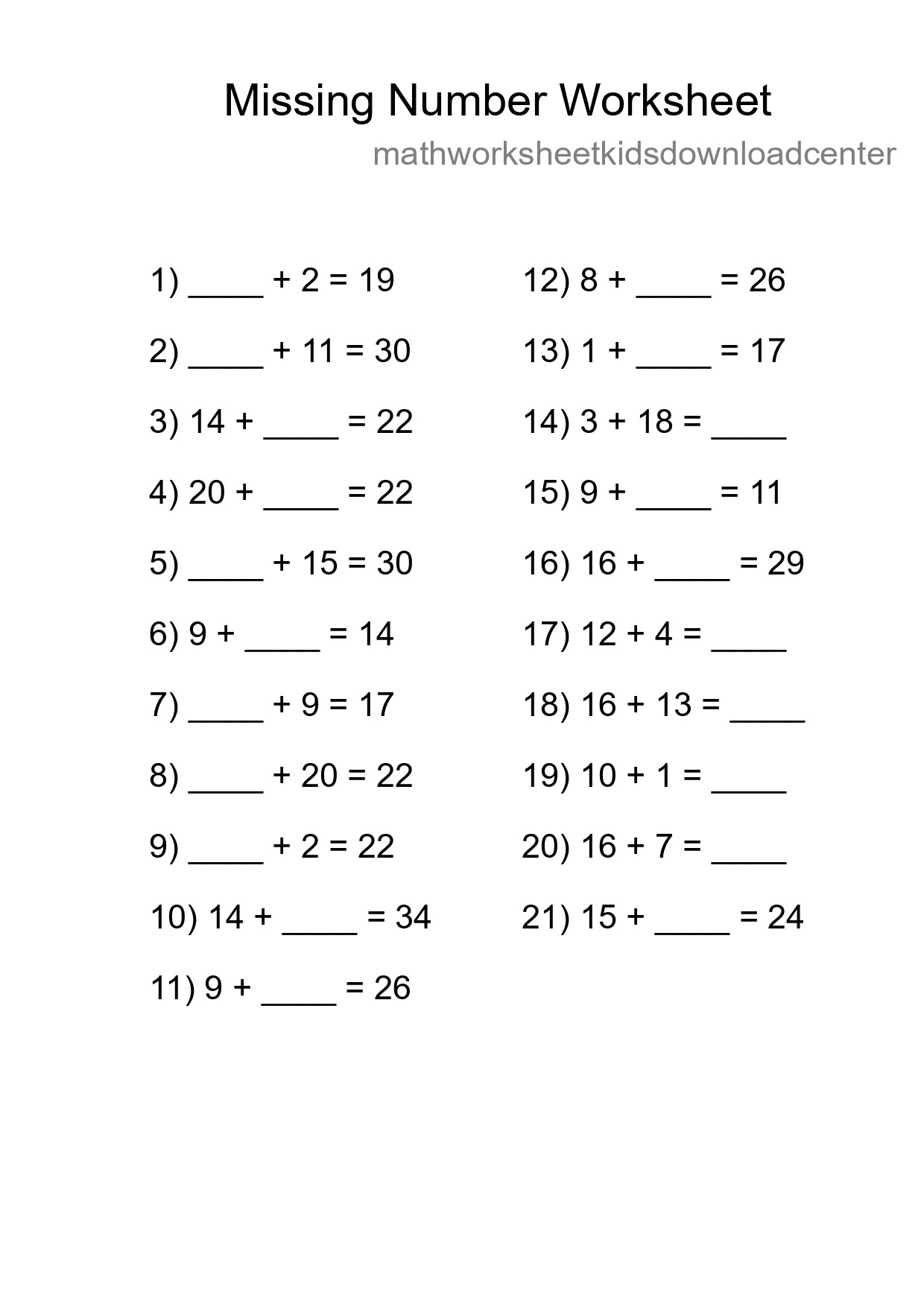 Missing Number Math Worksheet