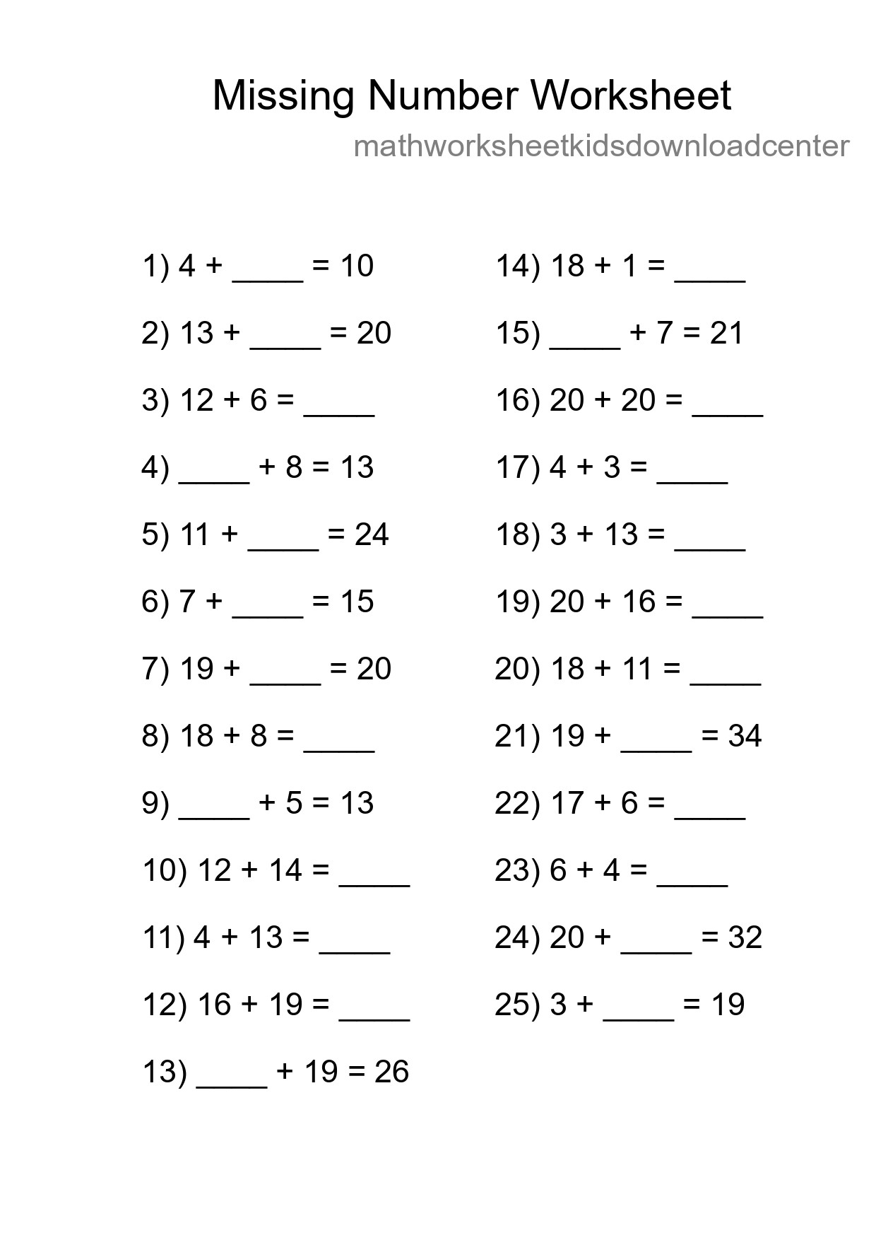 Missing Number Math Worksheet