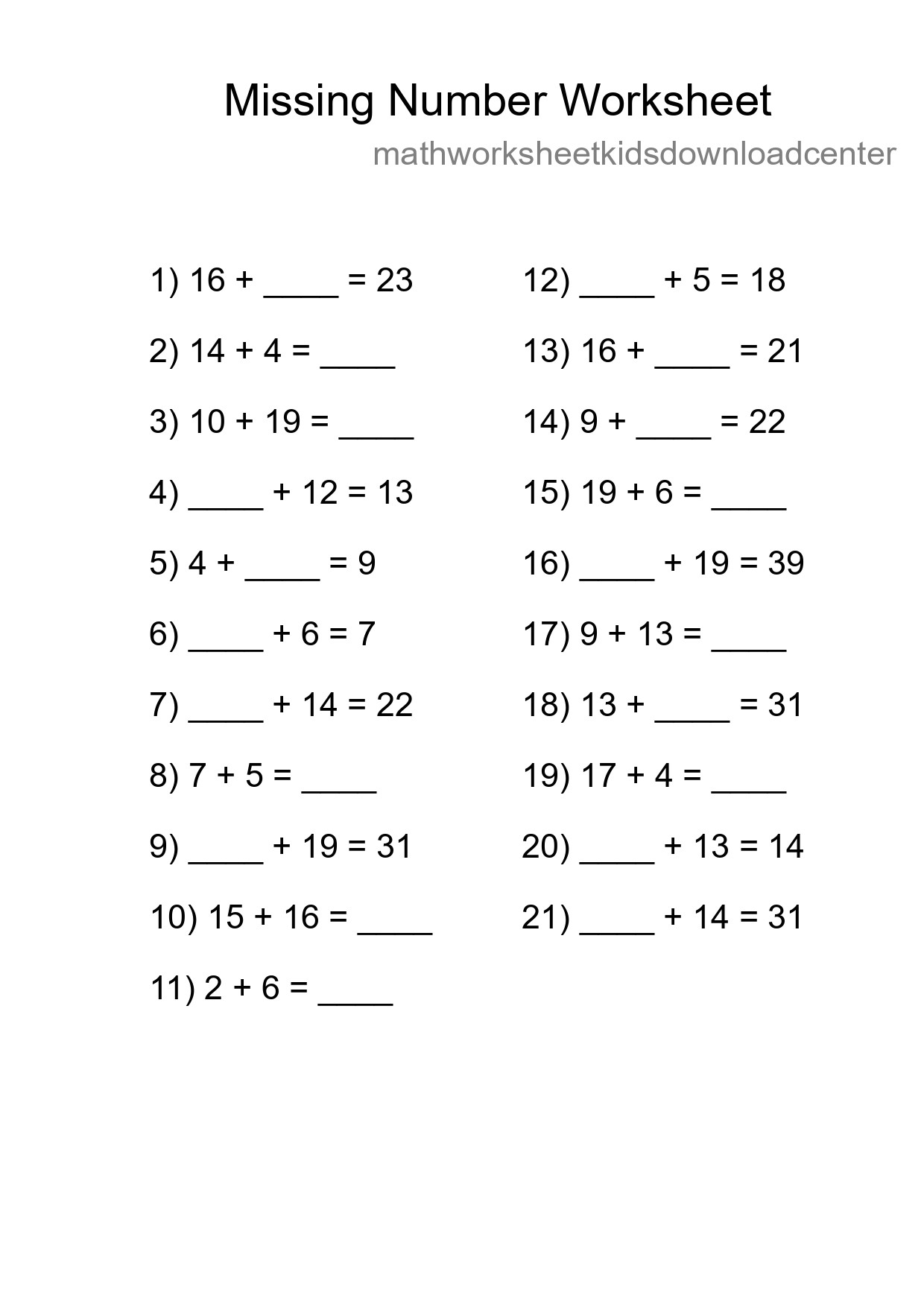 Missing Number Math Worksheet