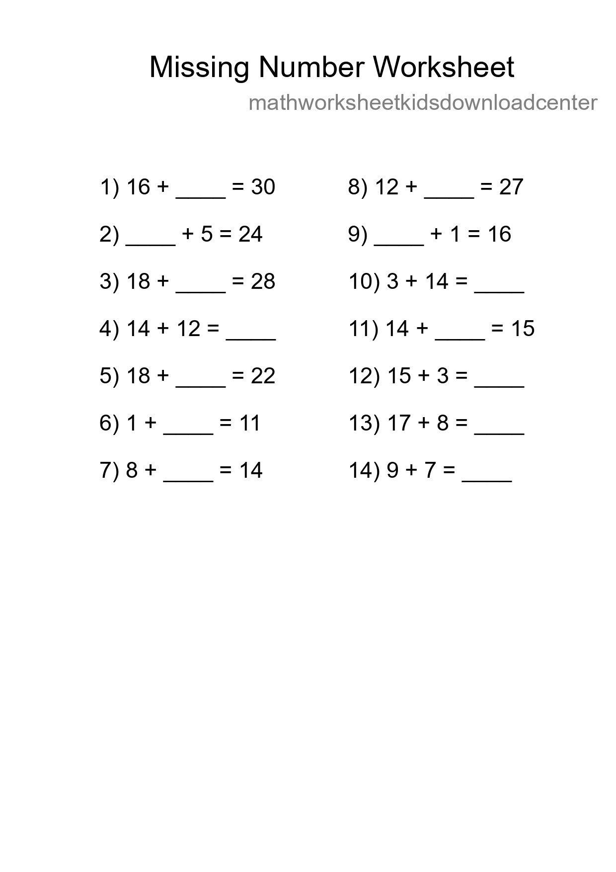 Missing Number Math Worksheet