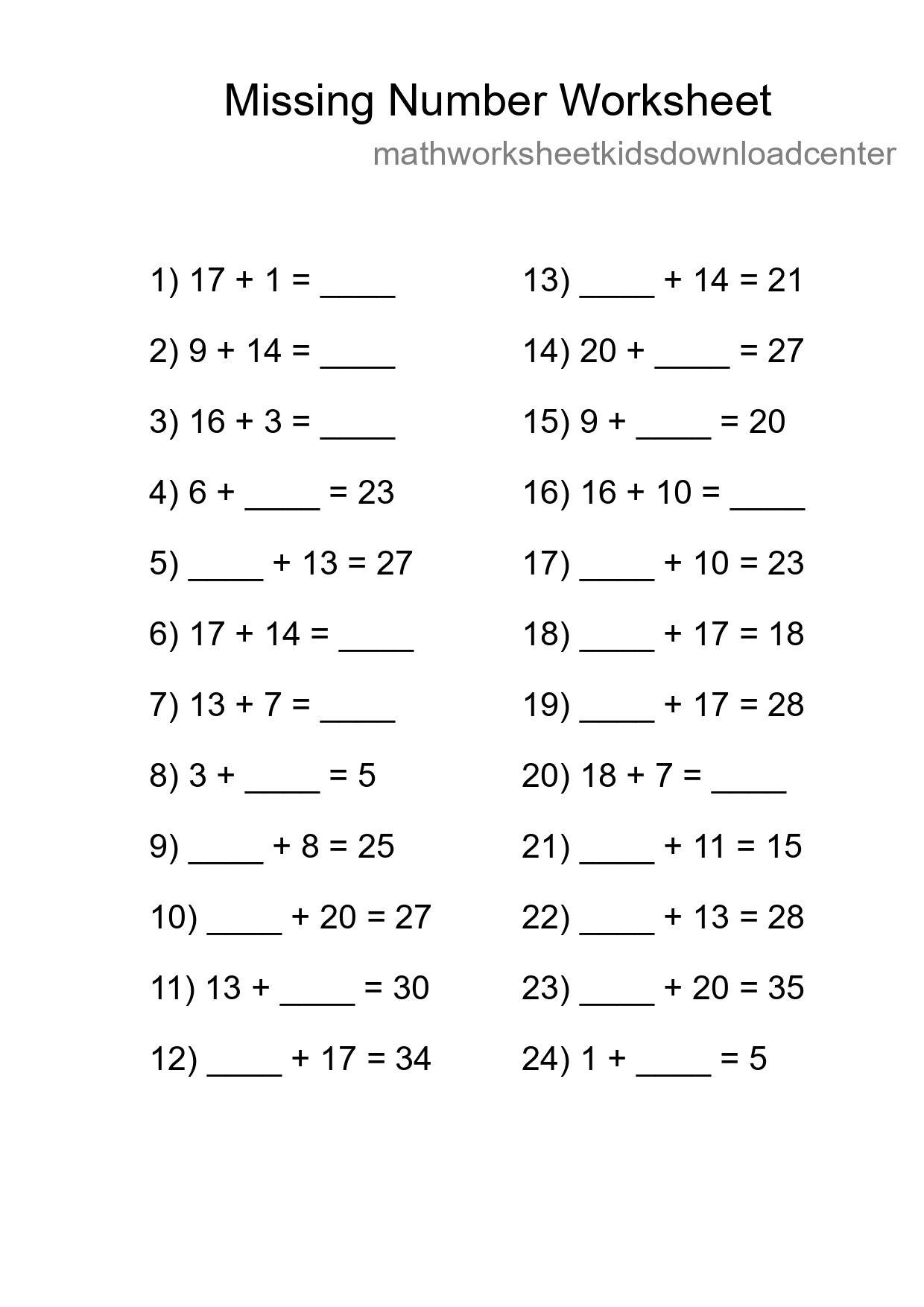 Missing Number Math Worksheet