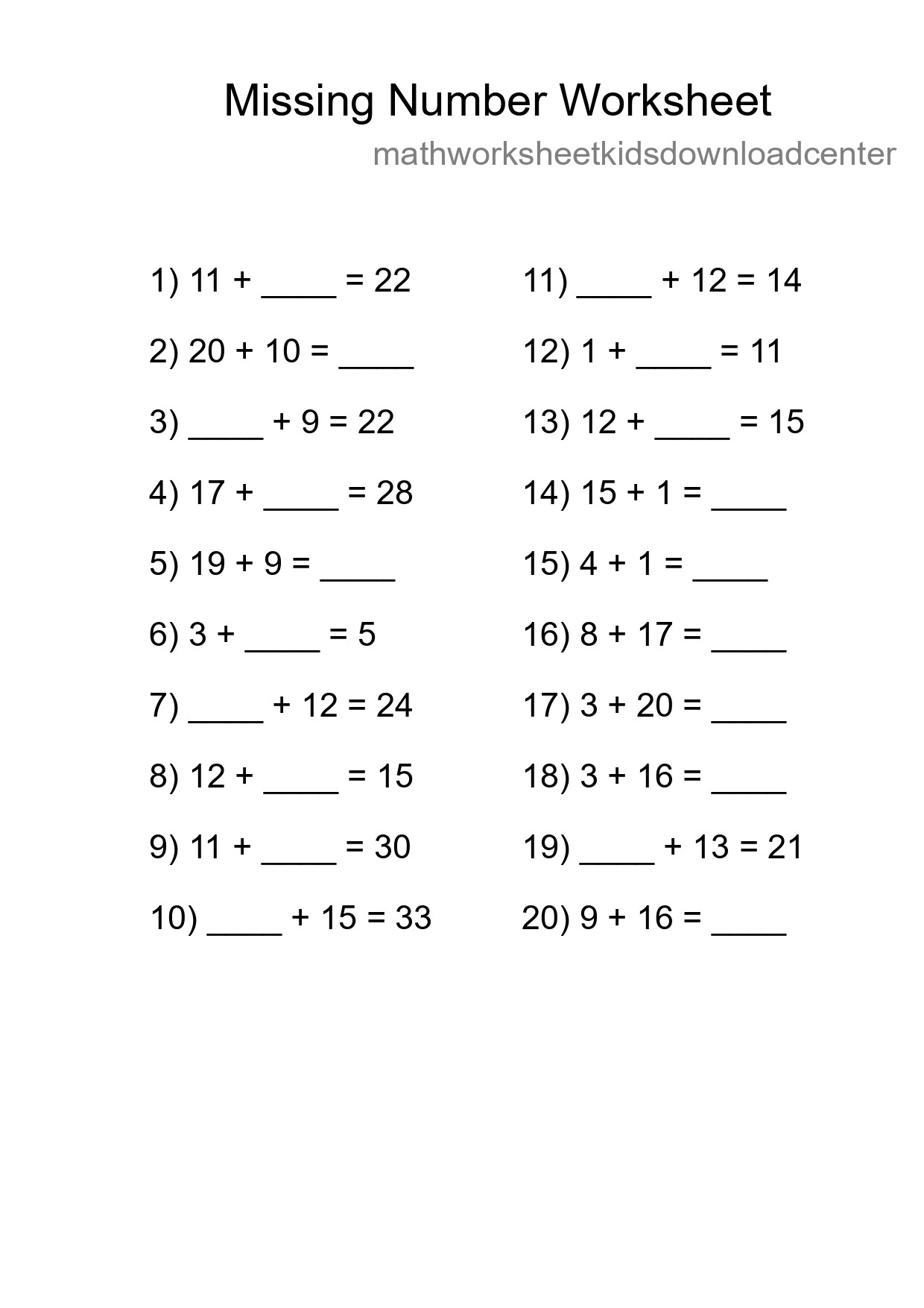 Missing Number Math Worksheet