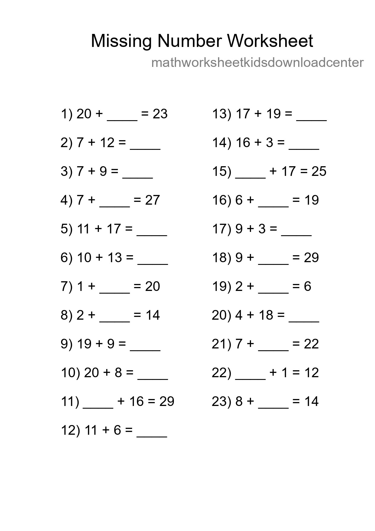 Missing Number Math Worksheet