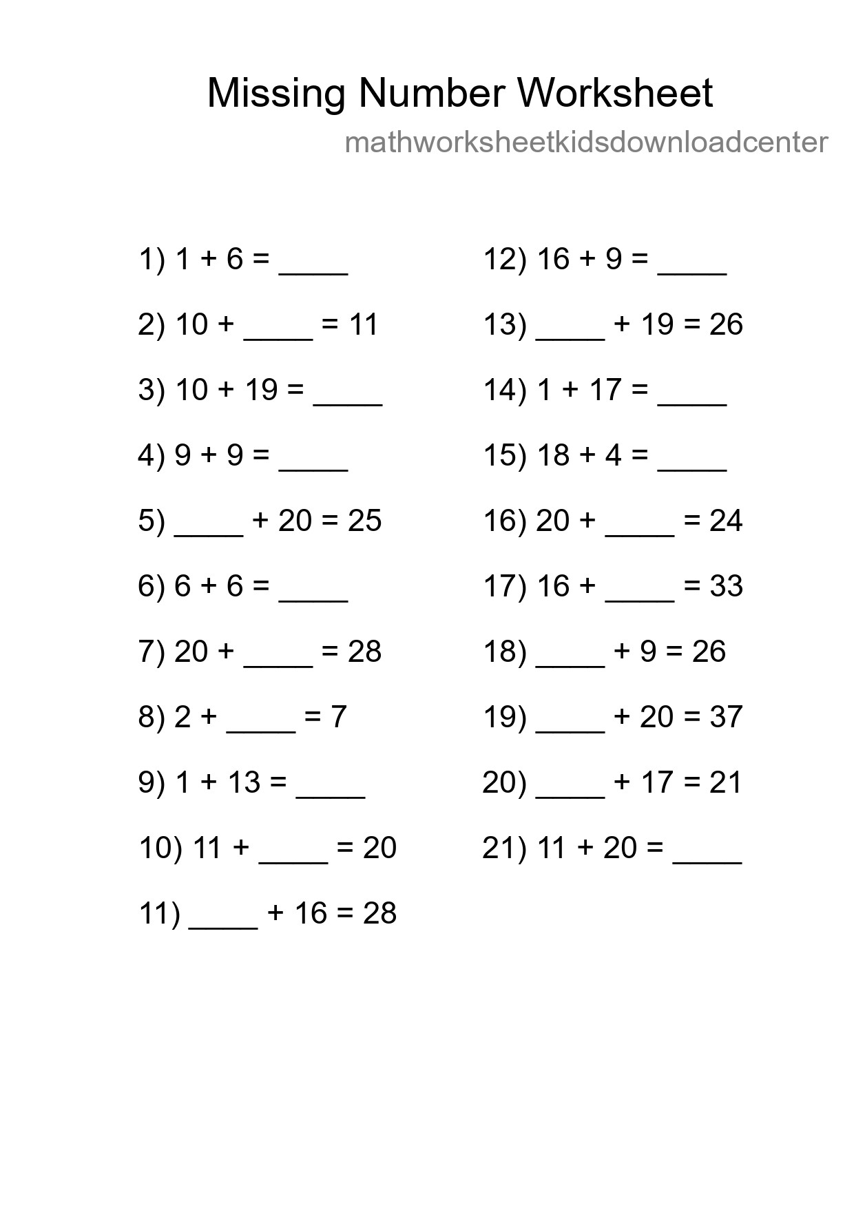 Missing Number Math Worksheet
