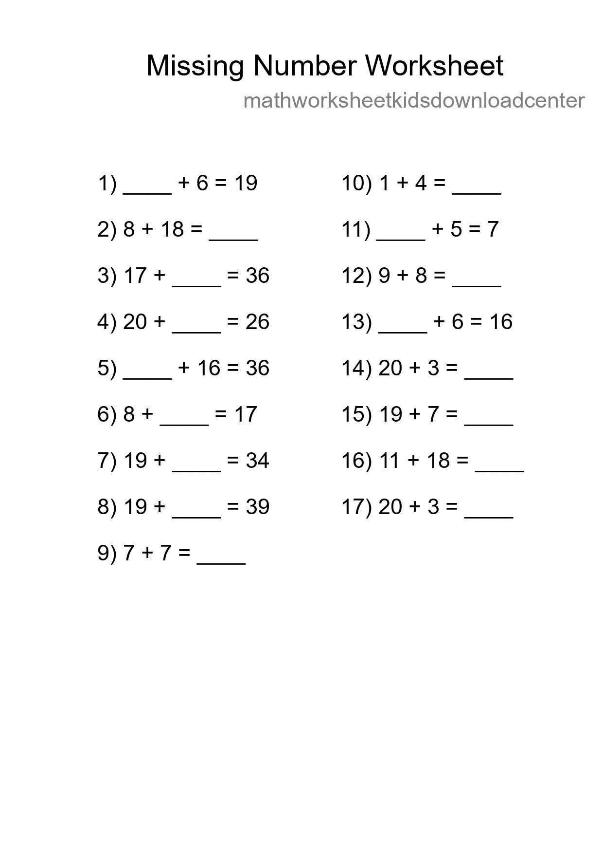 Missing Number Math Worksheet