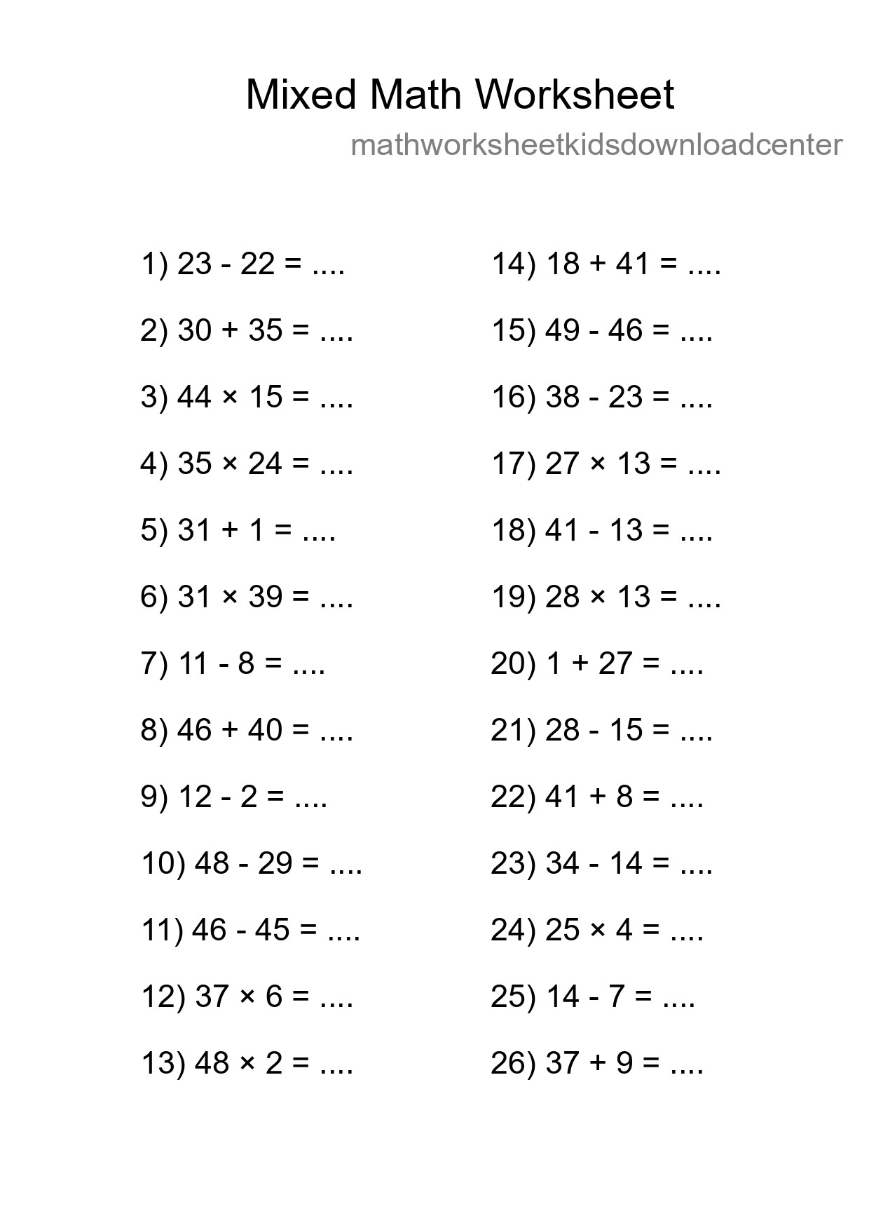 Mixed Operations Math Worksheet