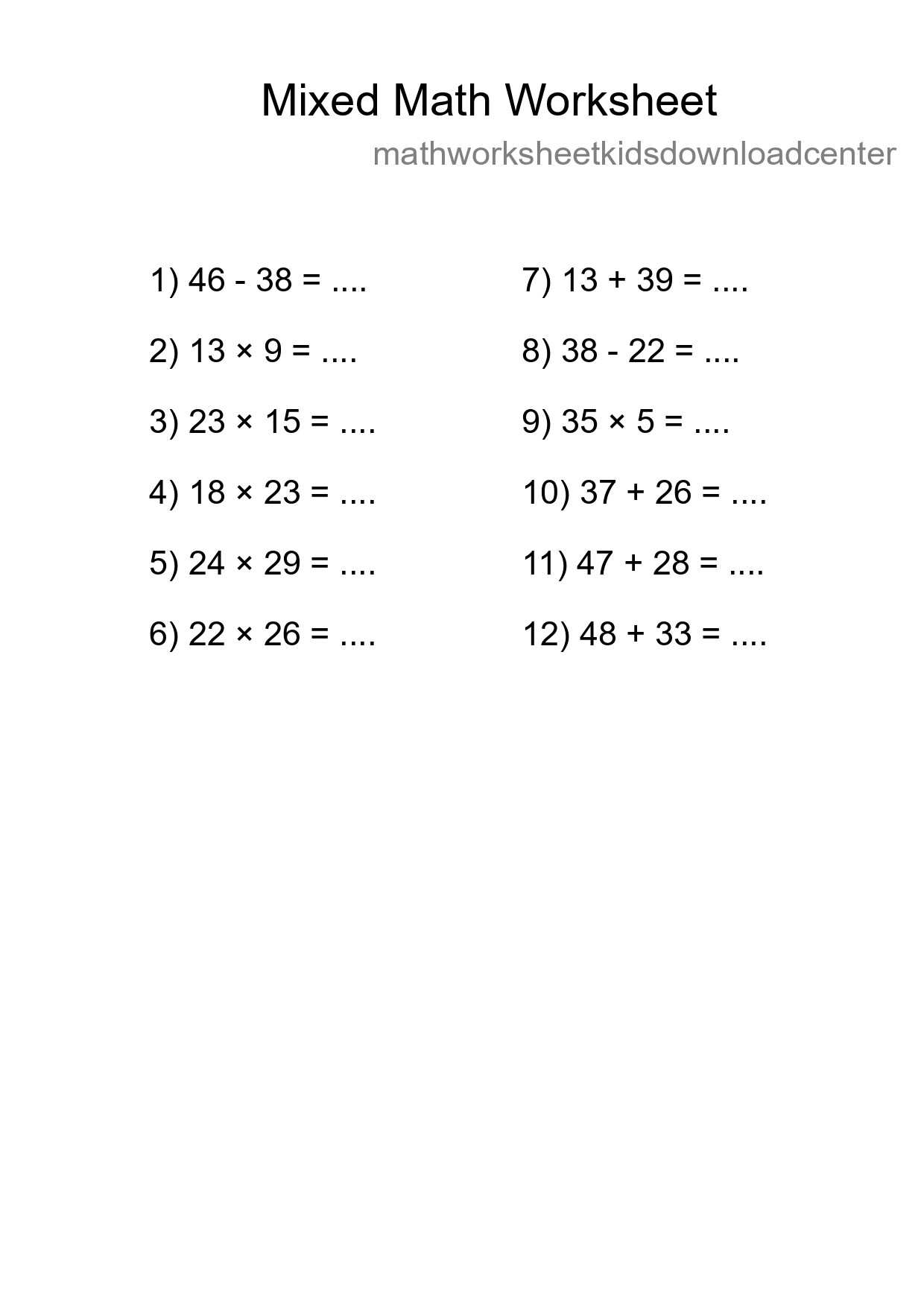 Mixed Operations Math Worksheet