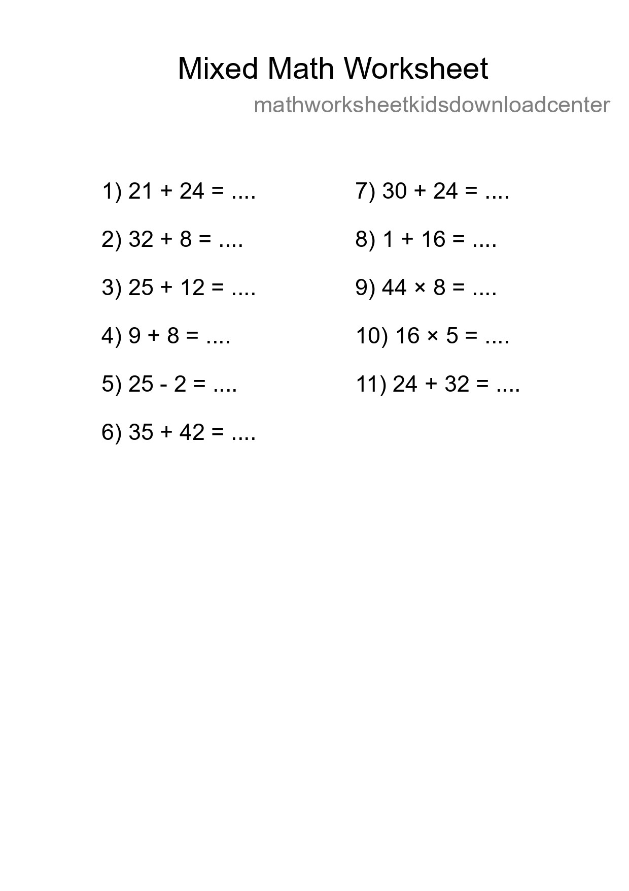 Mixed Operations Math Worksheet