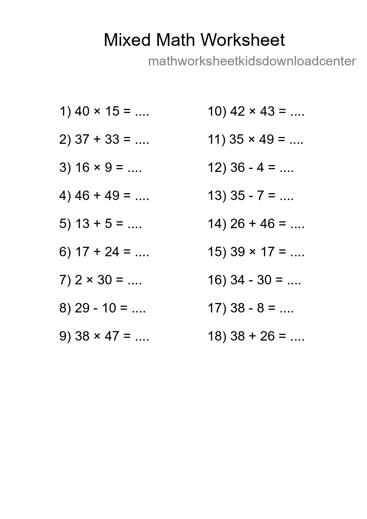 Mixed Operations Math Worksheet