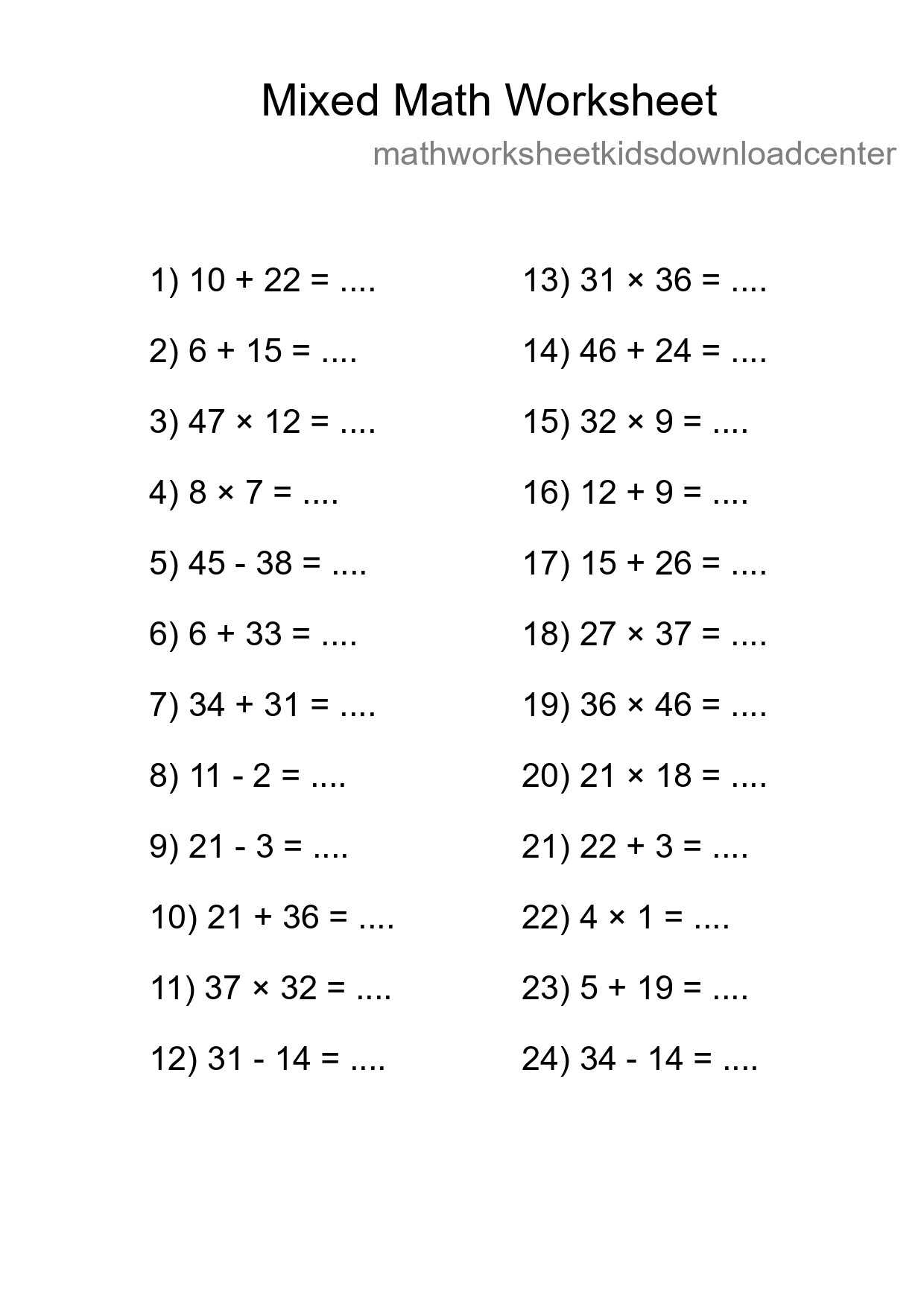 Mixed Operations Math Worksheet