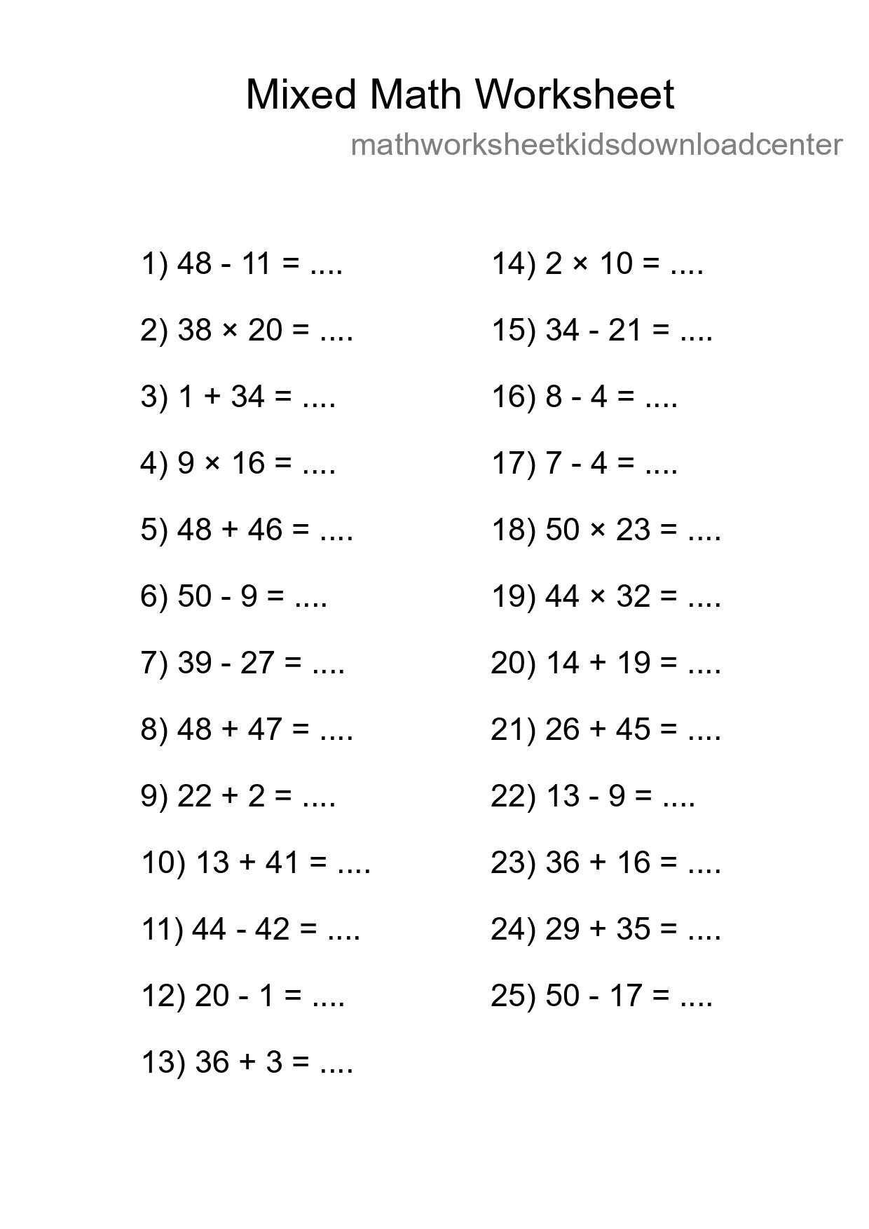 Mixed Operations Math Worksheet