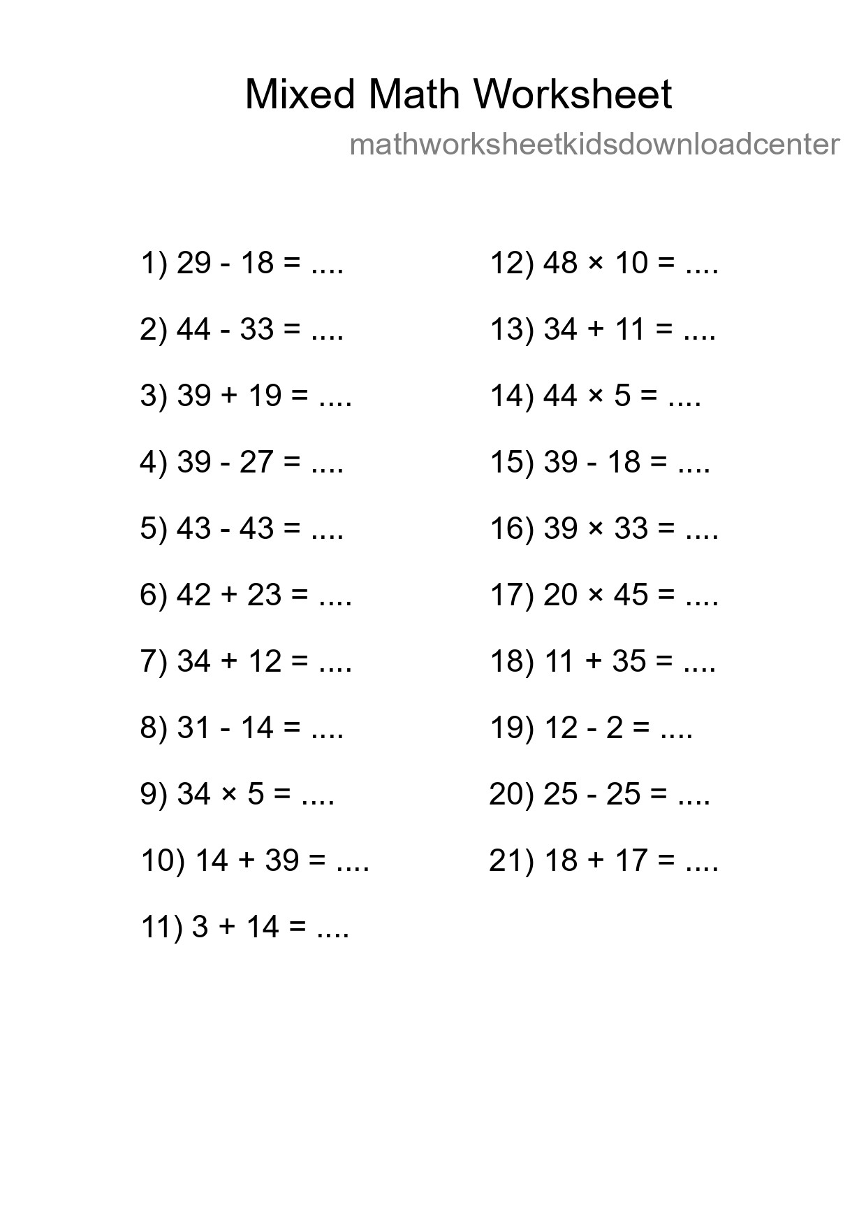 Mixed Operations Math Worksheet