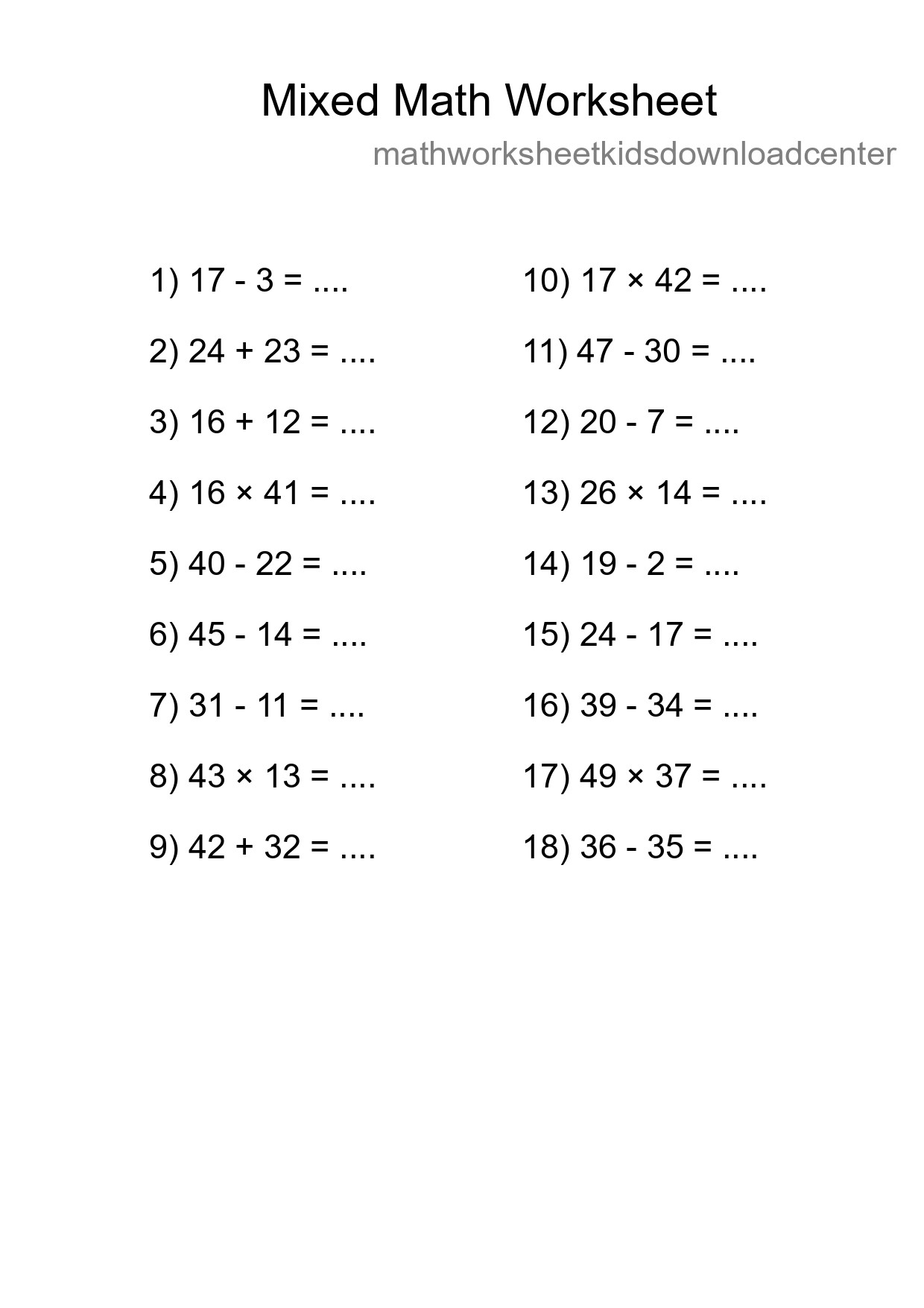Mixed Operations Math Worksheet