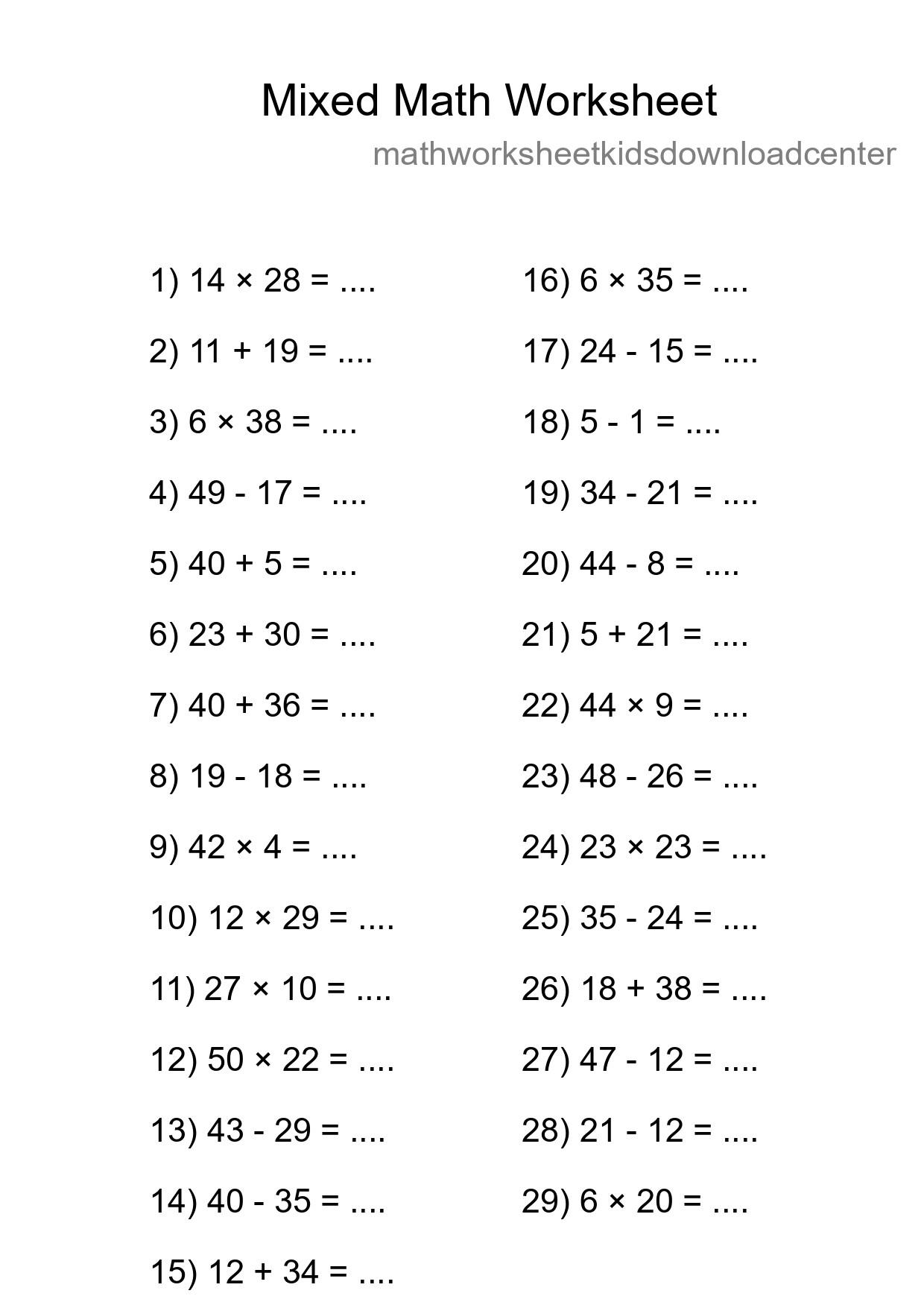 Mixed Operations Math Worksheet